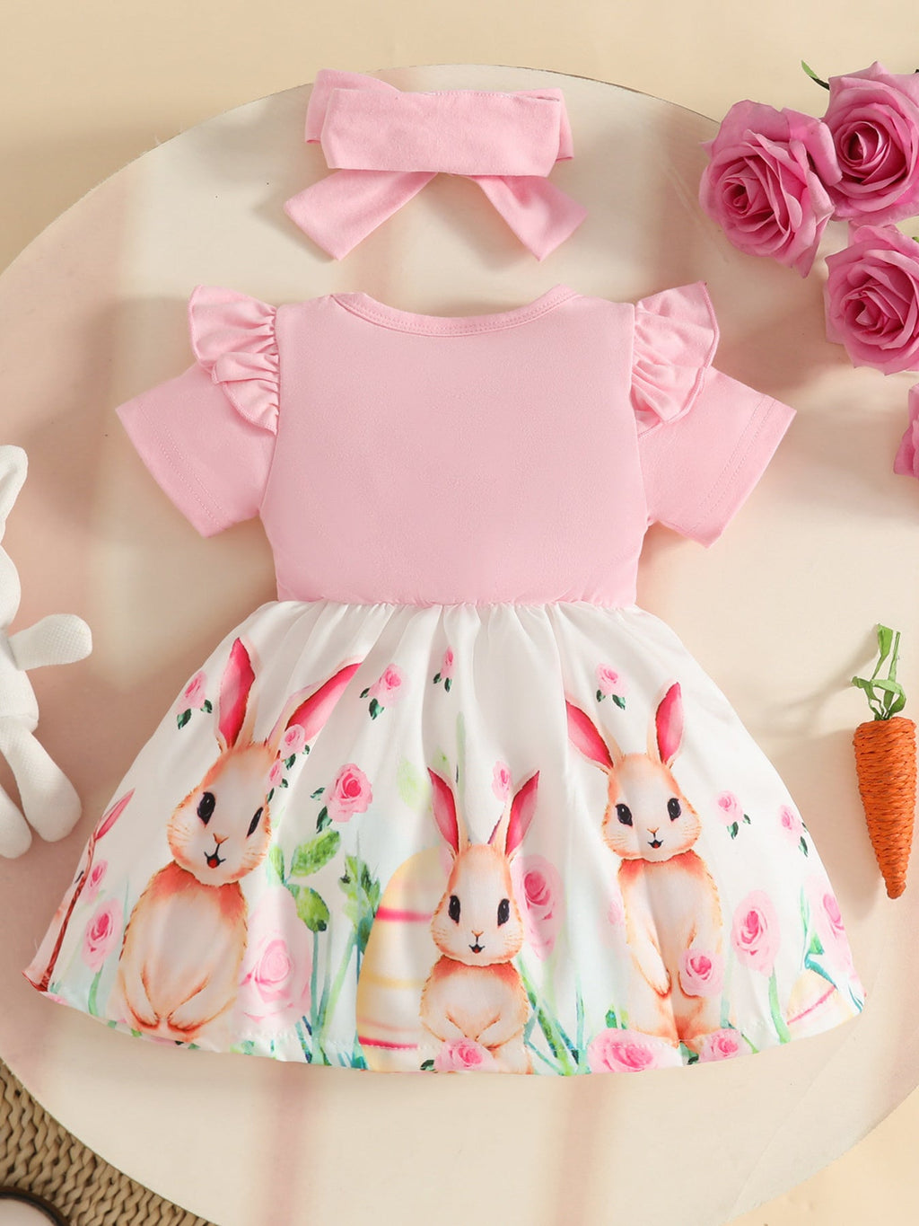 Children's Bunny Print Ruffled Dress with Headband