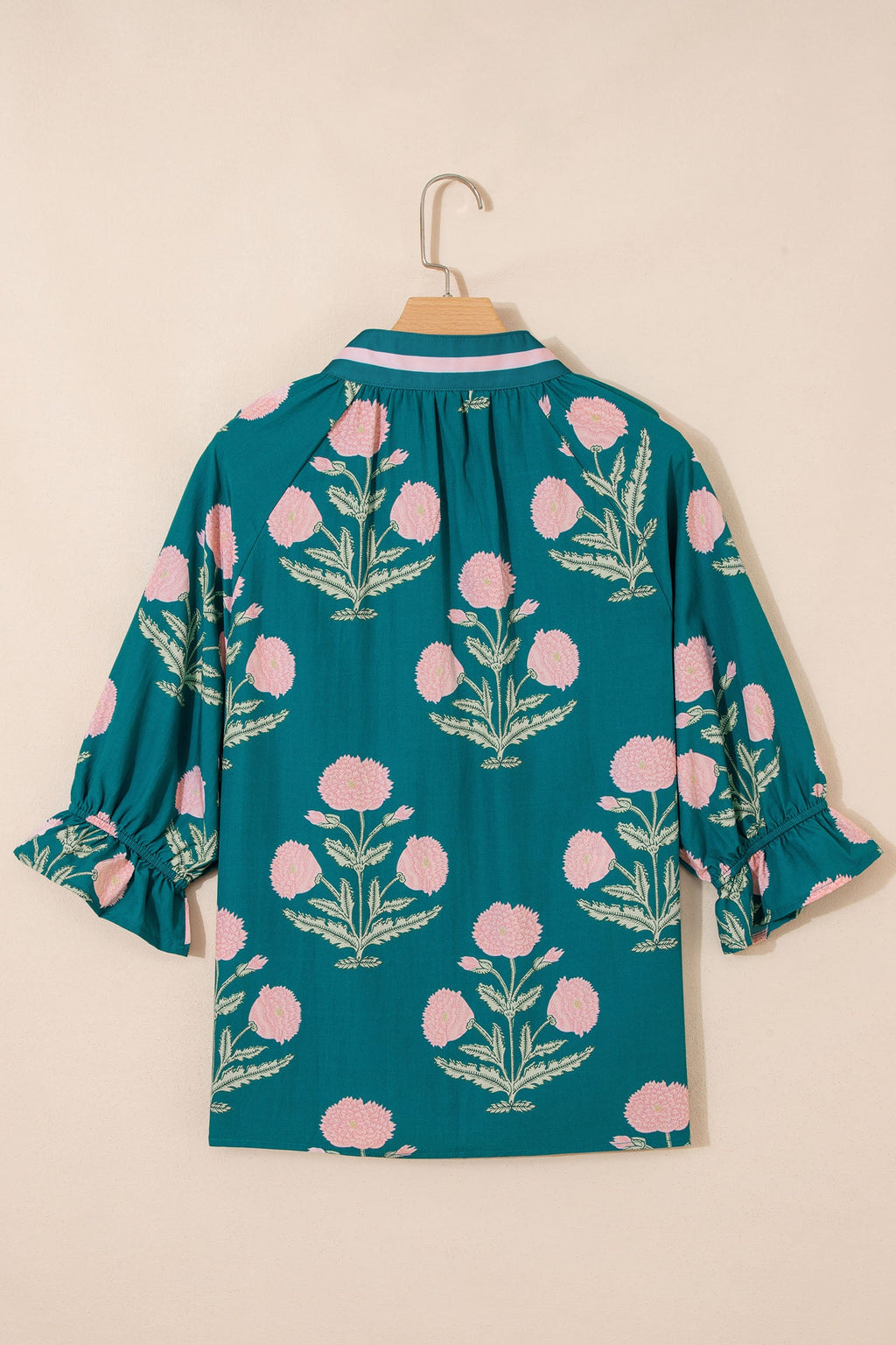 Green Casual Wild Flower Print V Neck 3/4 Sleeve Blouse