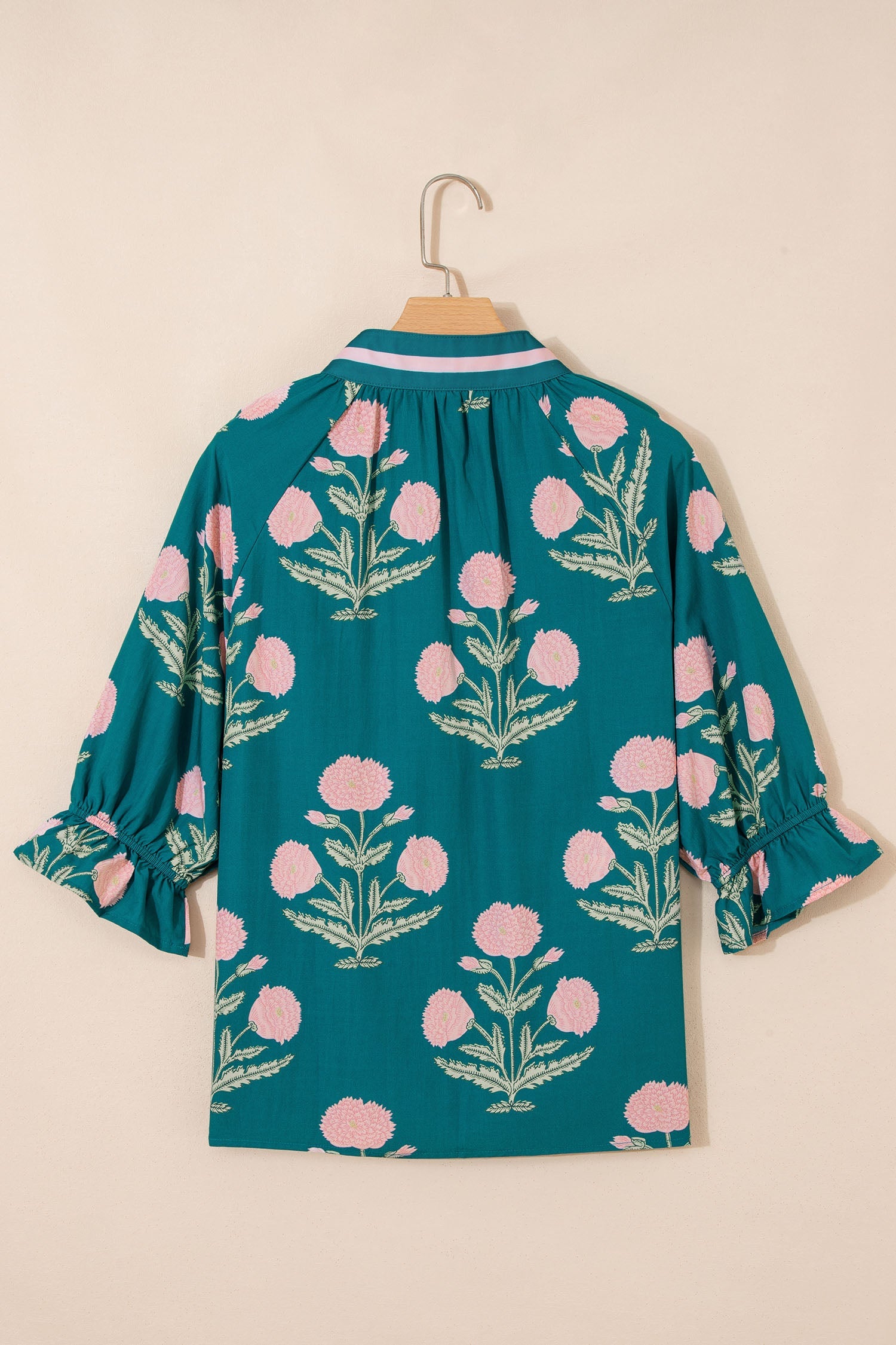 Green Casual Wild Flower Print V Neck 3/4 Sleeve Blouse