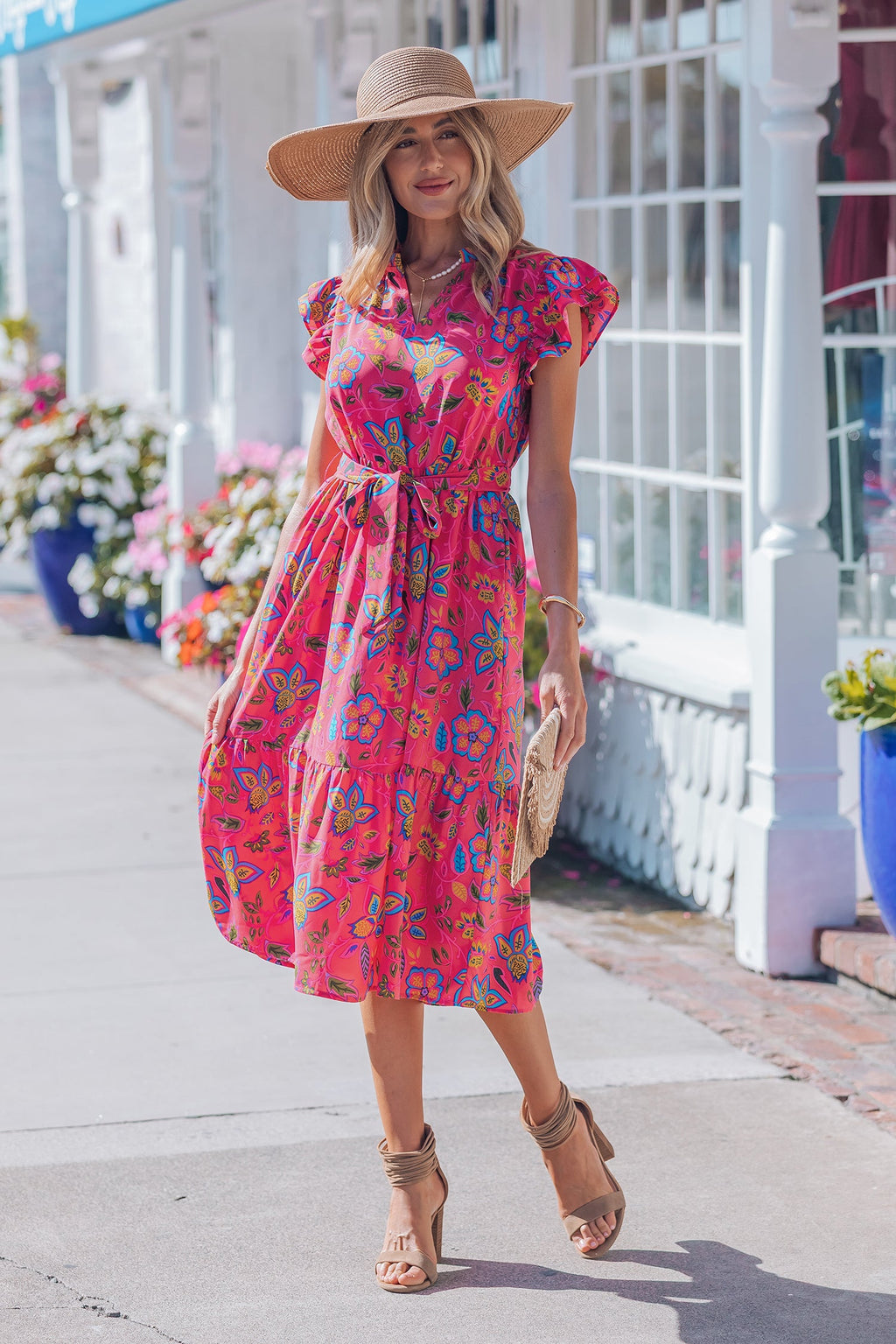 Rose Flutter Sleeve Belted Floral Long Dress