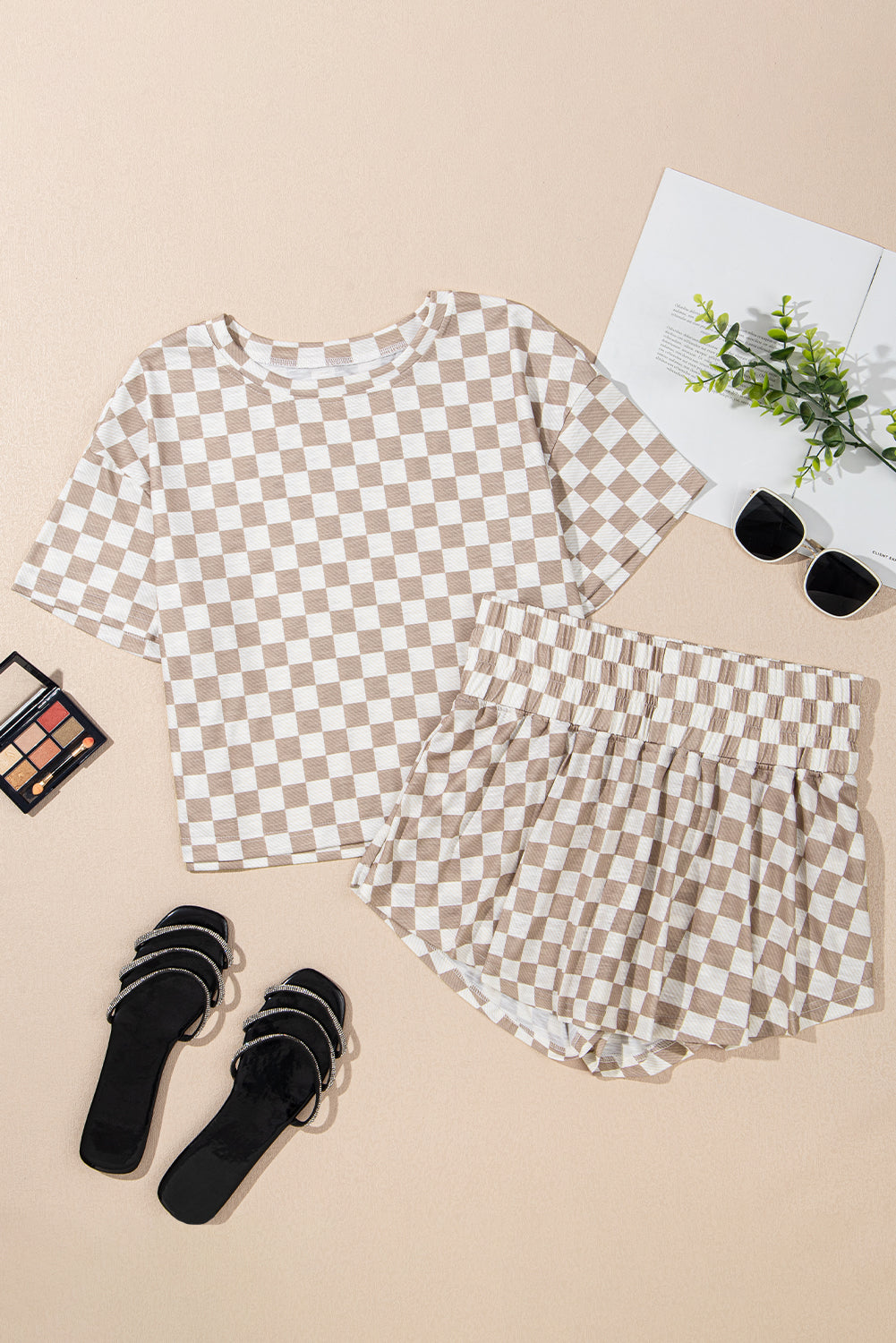 Brown Checkerboard T Shirt and High Waist Skorts Set