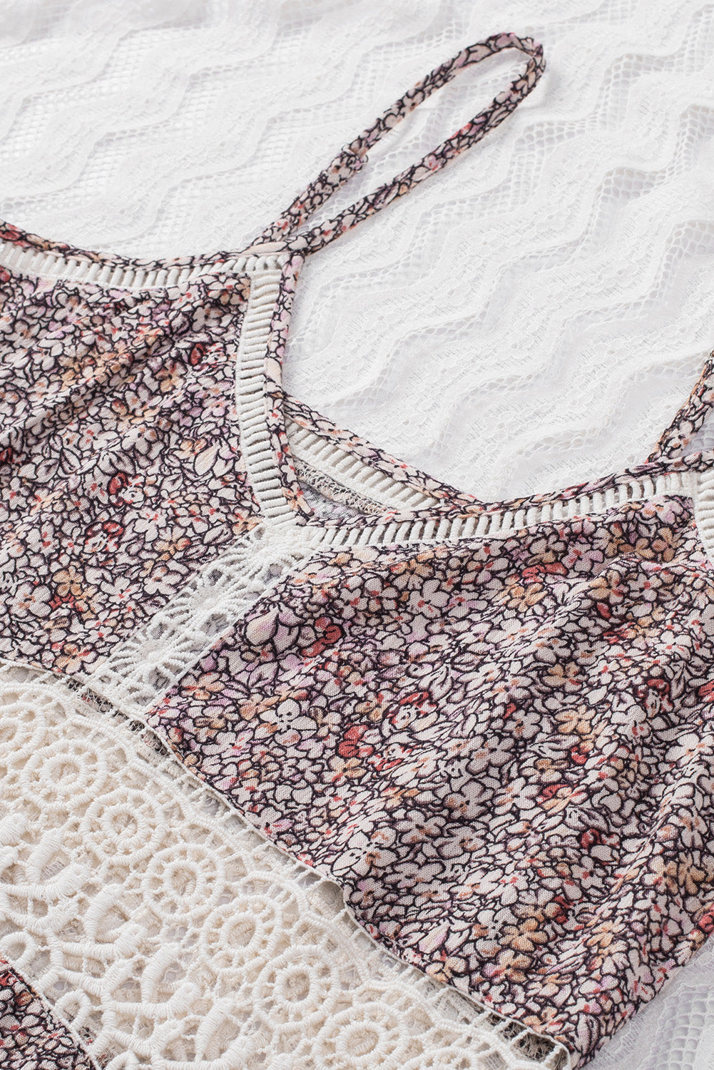 Multicolor Floral Print Lace Crochet Spaghetti Strap Tank Top