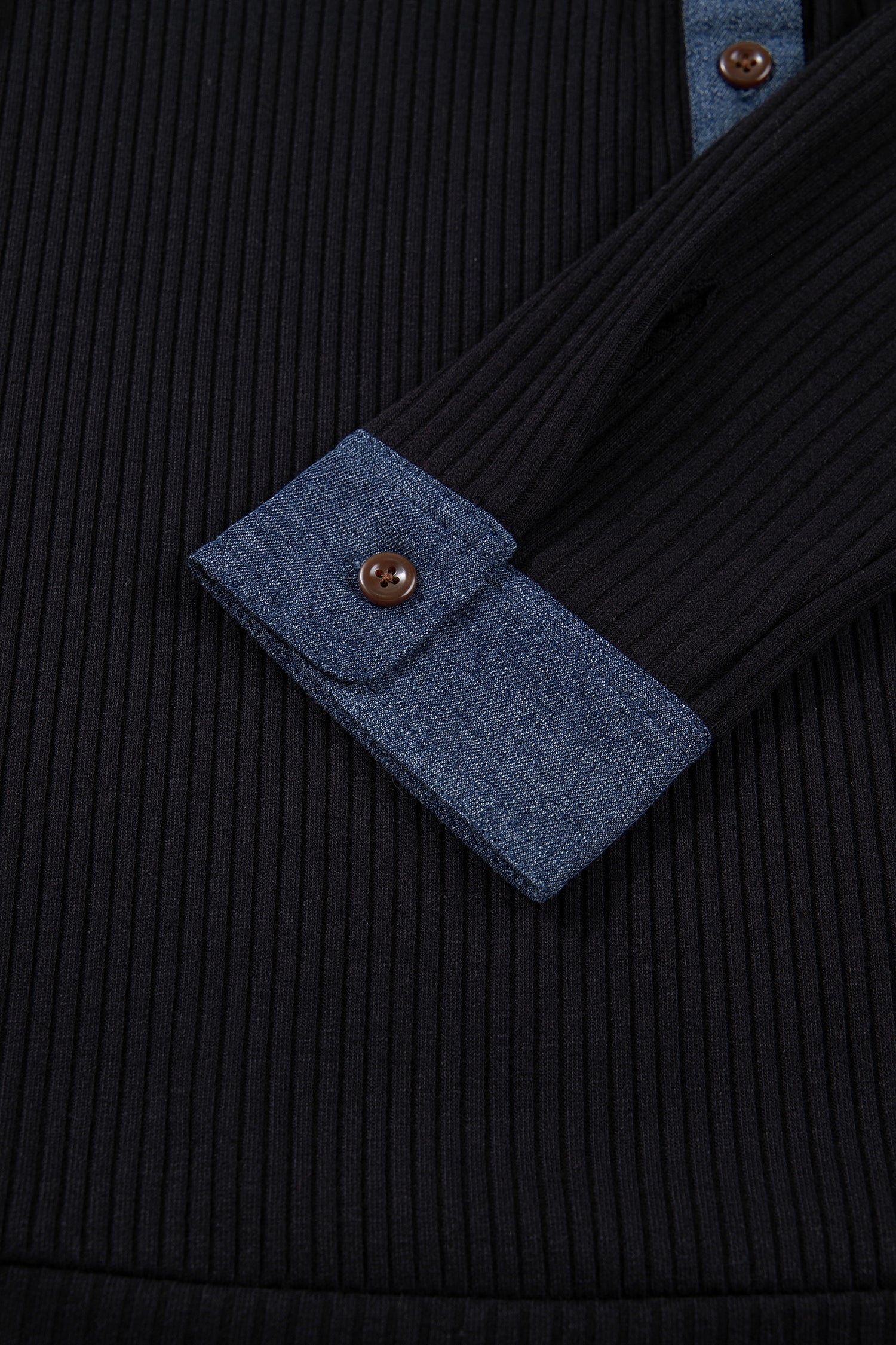 Black Ribbed Knit Contrast Denim Patchwork Hooded Long Sleeve Top