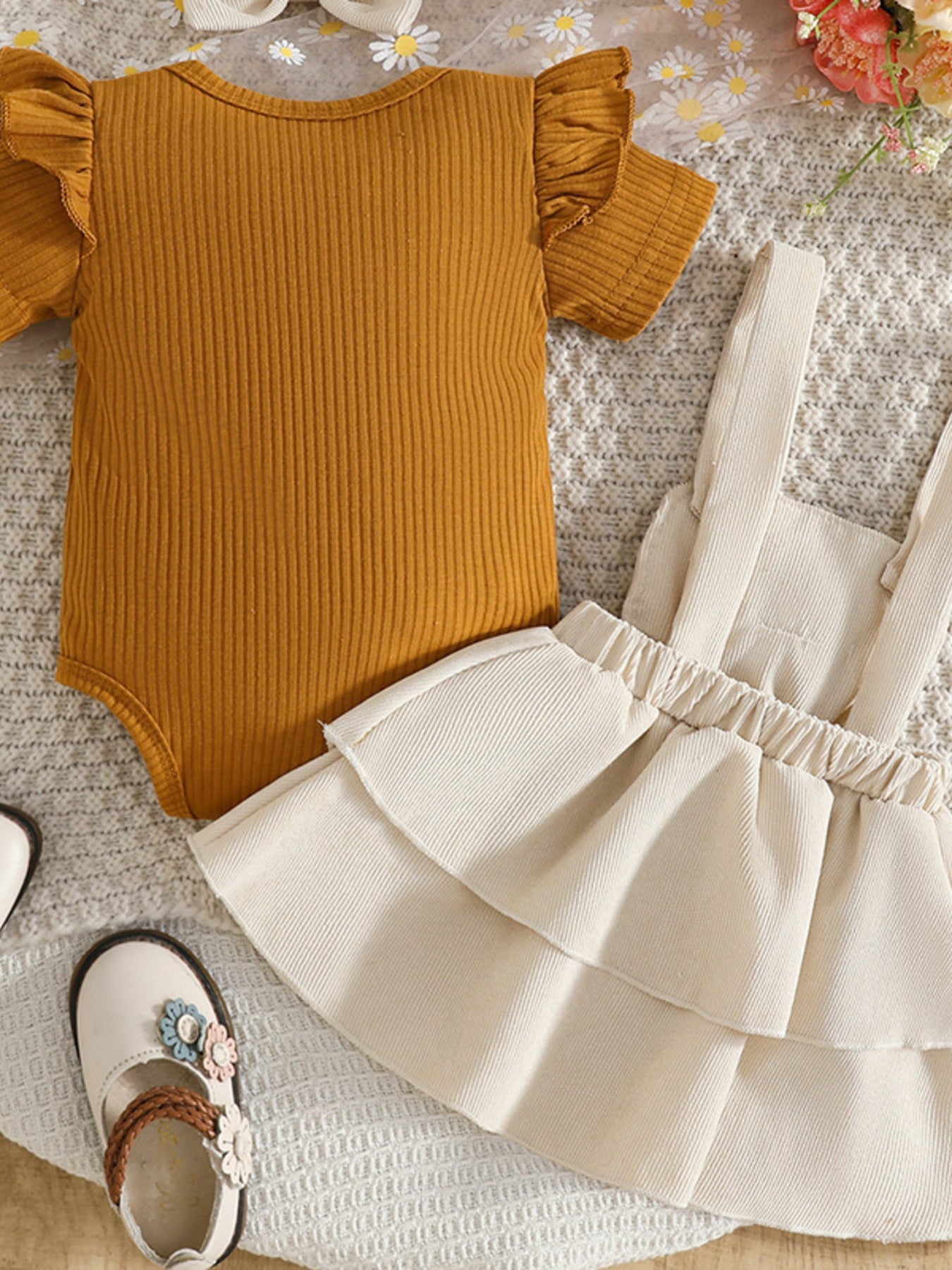 Children's Ribbed Top & Bow Decor Suspender Dress & Headband Set