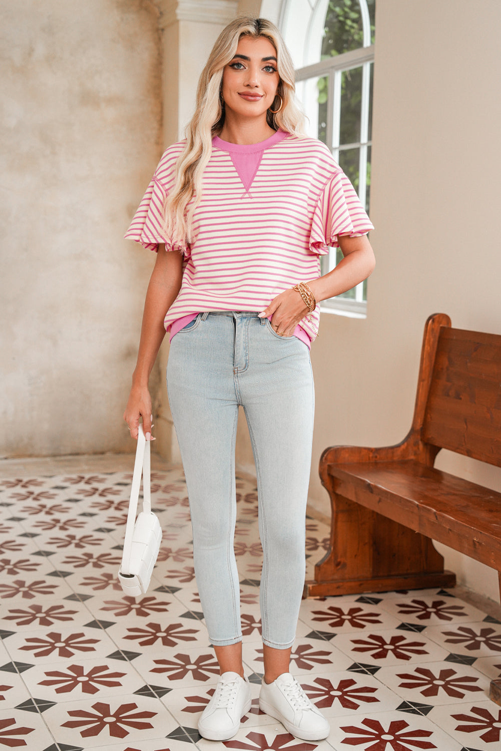 Bright Green Striped Ruffle Sleeve Round Neck Top