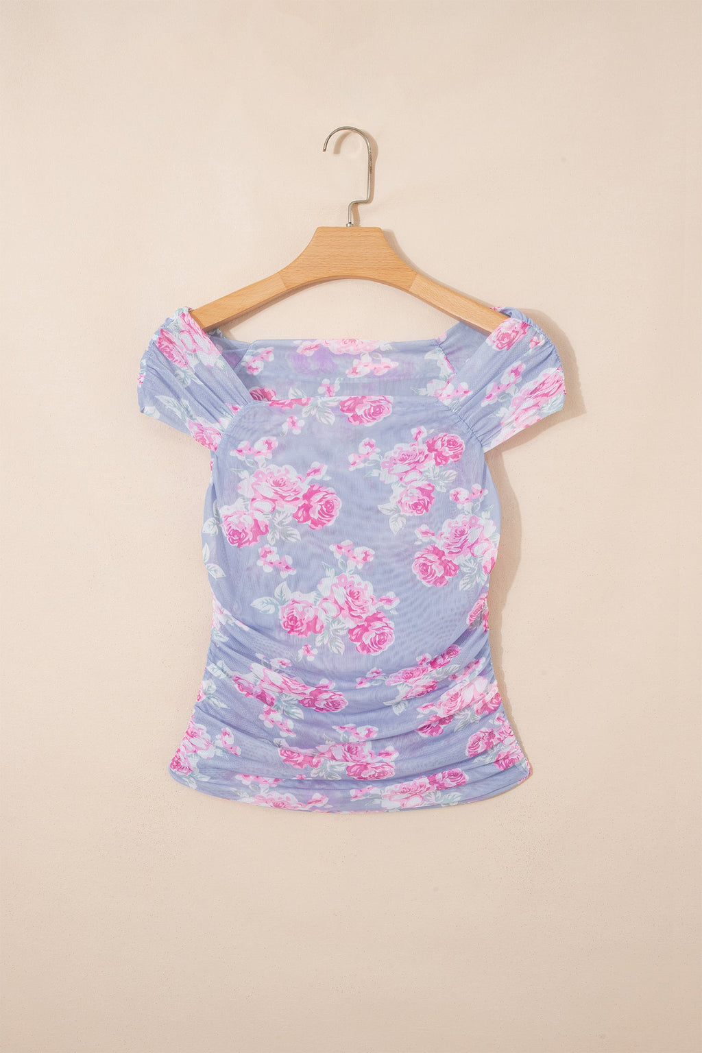 Sky Blue Square Neck Cap Sleeve Ruched Floral Mesh Top