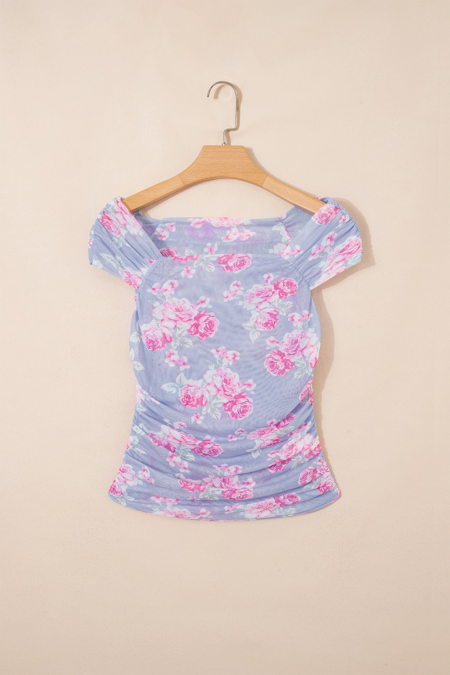 Sky Blue Square Neck Cap Sleeve Ruched Floral Mesh Top