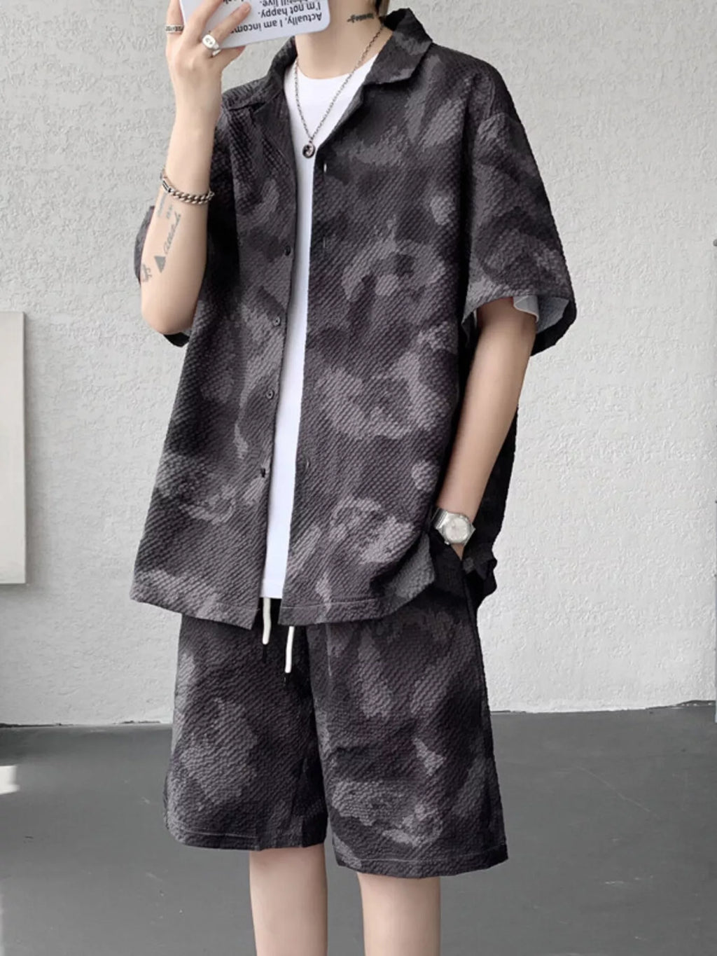 Men's Plus Size Casual Camouflage Print Shirt & Shorts Set