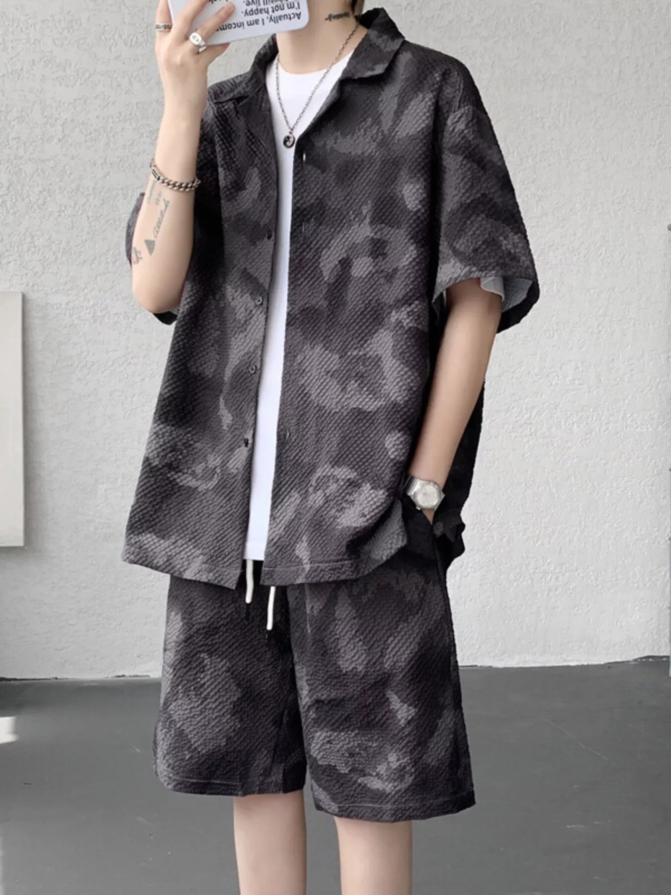 Men's Plus Size Casual Camouflage Print Shirt & Shorts Set