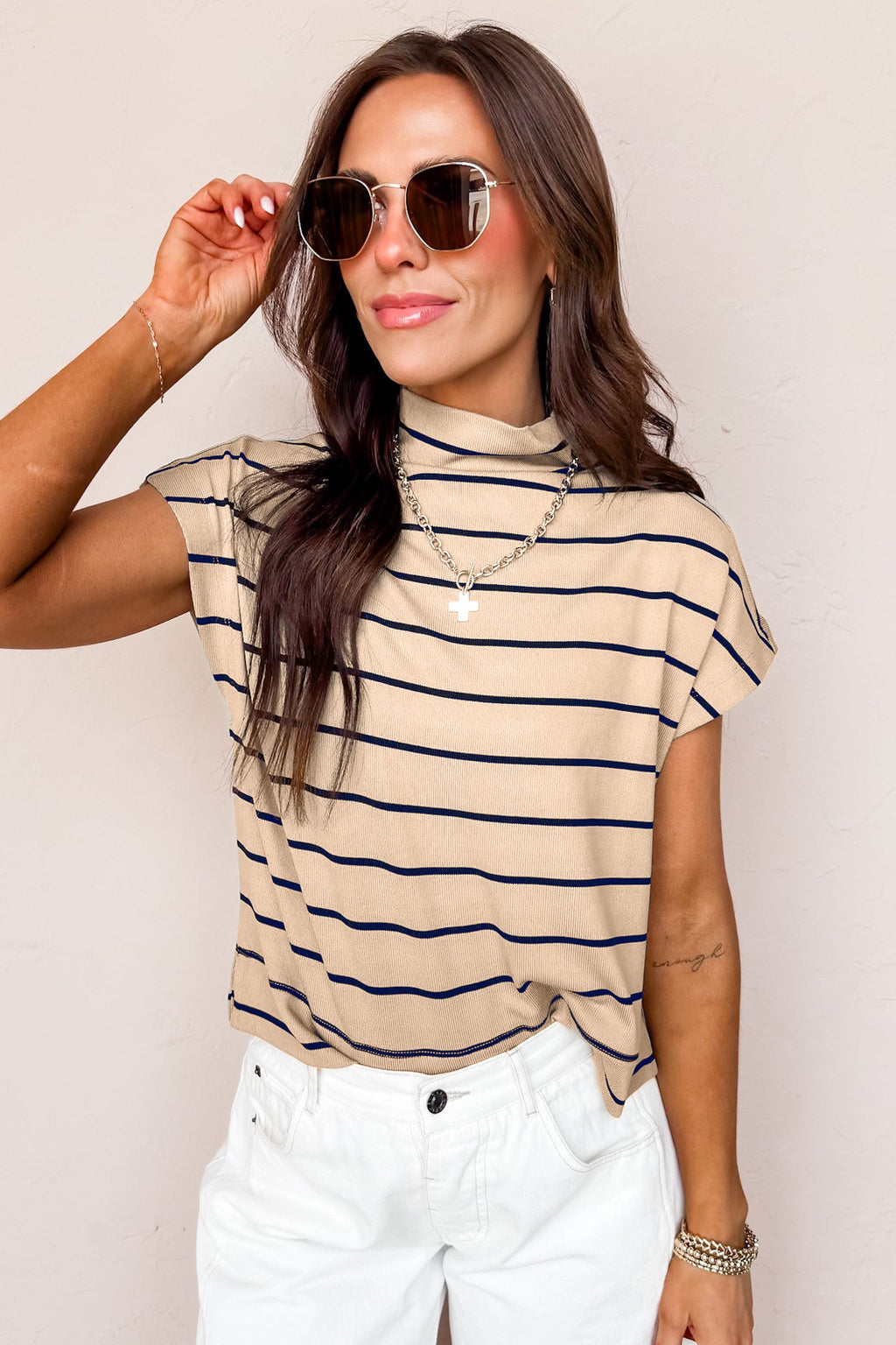 Khaki Stripe Mock Neck Short Sleeve Loose Top
