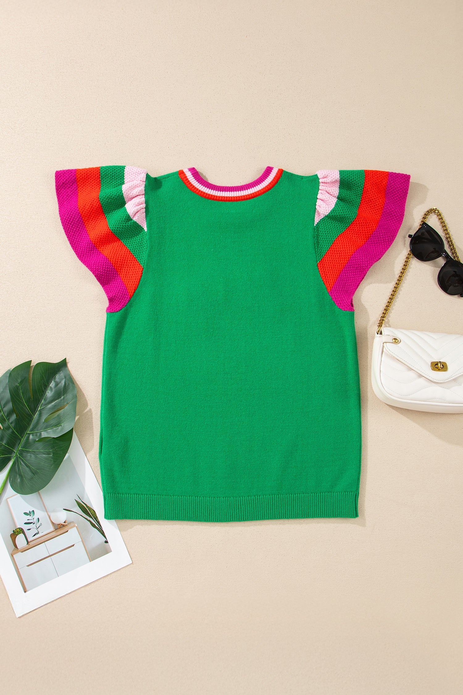 Bright Green Shiny Lucky Striped Flutter Sleeve Round Neck Sweater