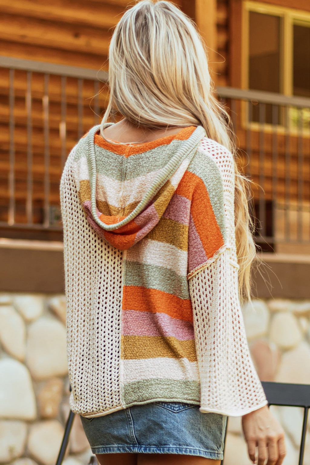 Beige Oversized Colorblock V Neck Hooded Sweater