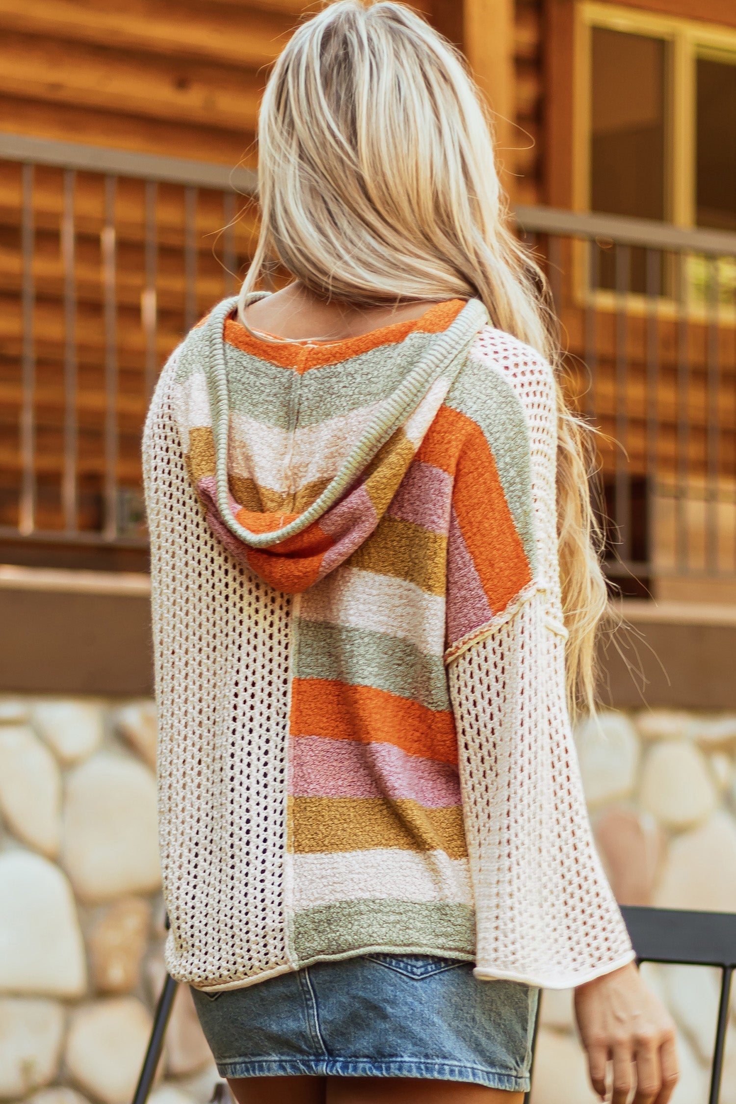 Beige Oversized Colorblock V Neck Hooded Sweater