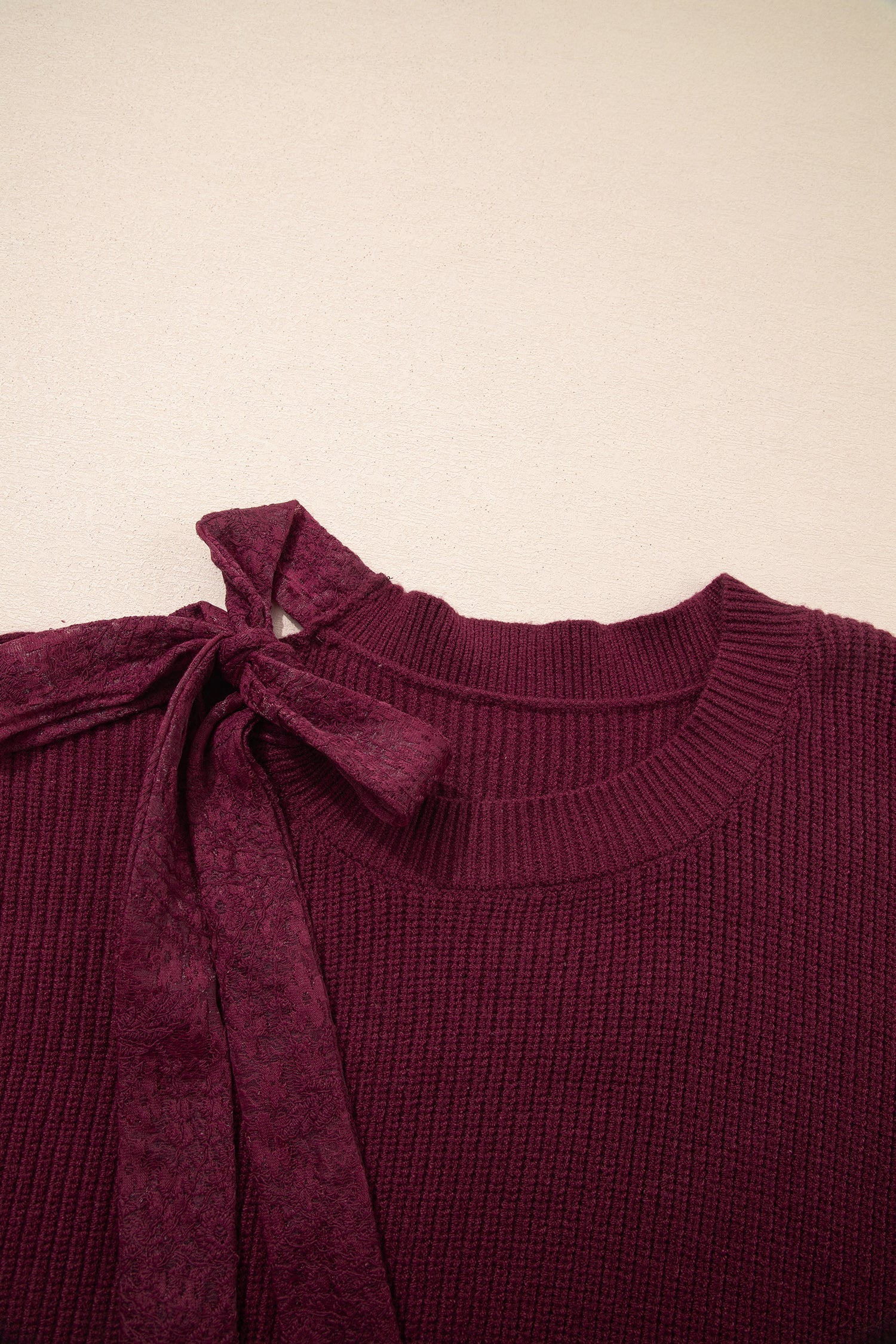 Burgundy Lace Bowknot Asymmetric Neck Sweater