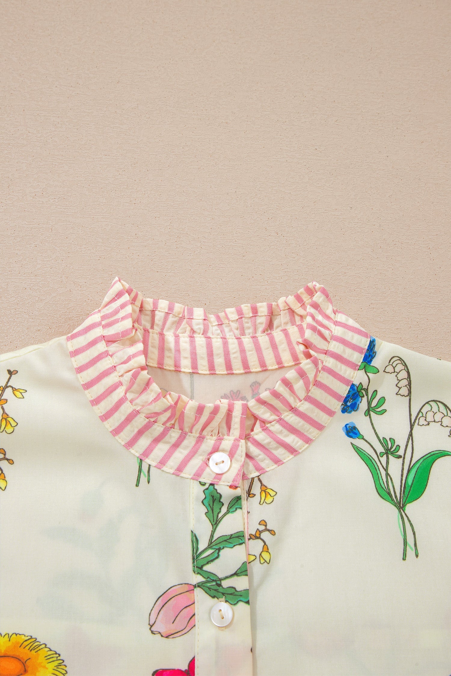 Beige Floral Striped Patchwork Ruffled Collar Short Sleeve Shirt
