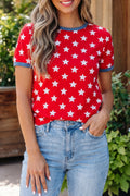Red Stars Print Colorblock Binding Tape Collar Cuff Viscose Tunic Top