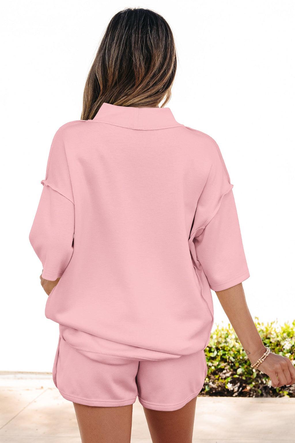 Light Pink Solid Color Exposed Seam Mock Neck Oversize Tee Casual Shorts 2pcs Outfit