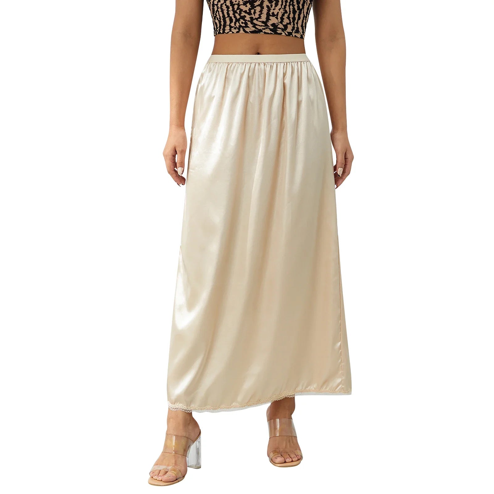 Women's Solid Color Skirts Elastic Waist Satin Underskirt Lace Trim Skirt for Under Dresses Black/White