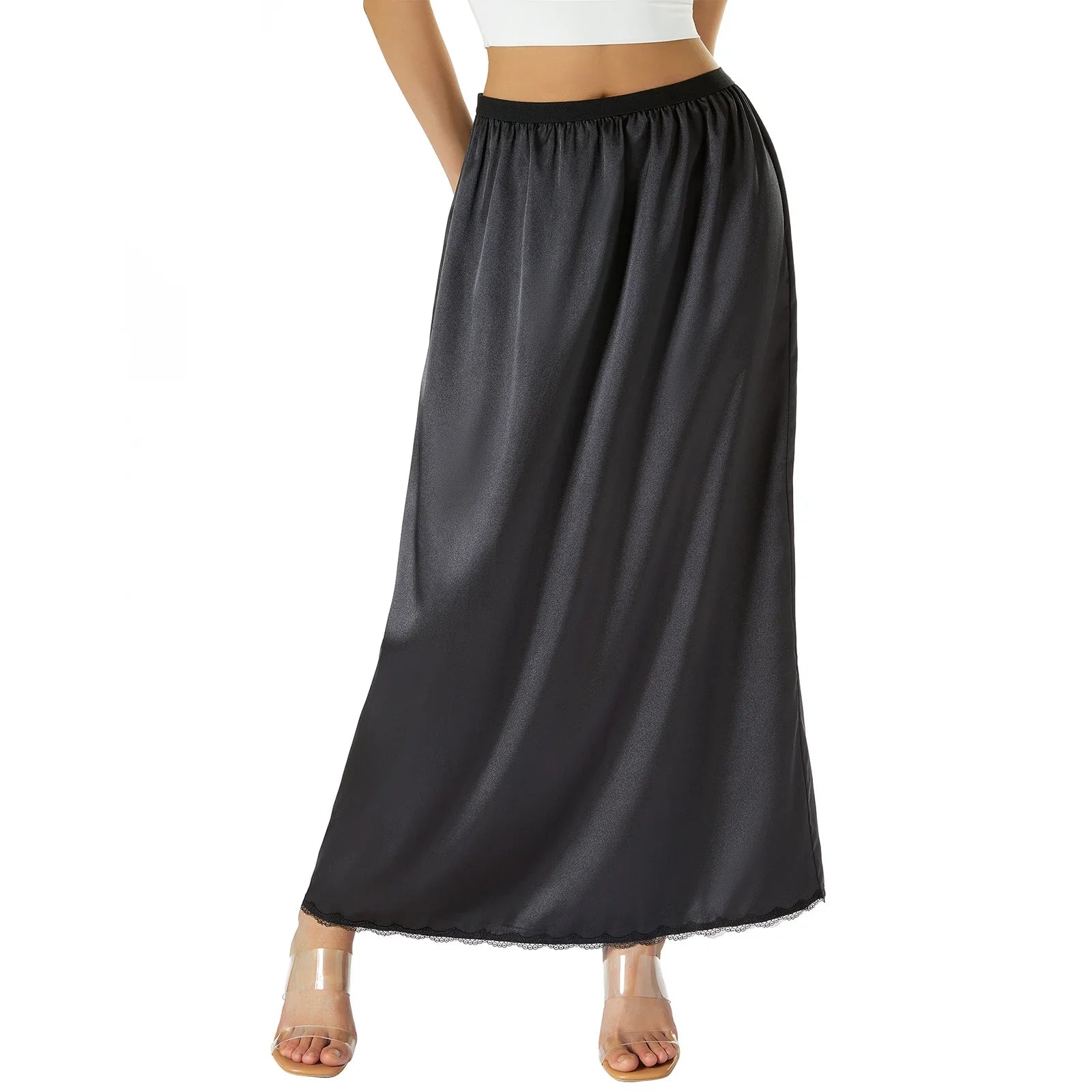 Women's Solid Color Skirts Elastic Waist Satin Underskirt Lace Trim Skirt for Under Dresses Black/White
