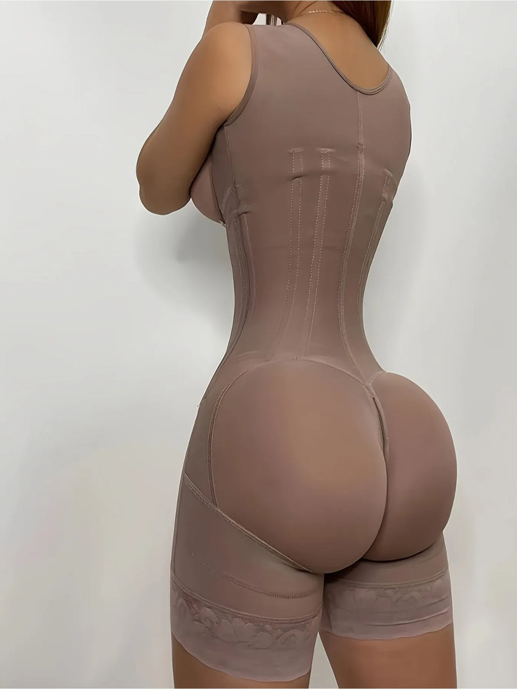 Women's High-Waisted Lace Shapewear Bodysuit - Non-Padded, Full-Coverage, Zipper Closure, Nylon Knit Fabric with Elegant Contras