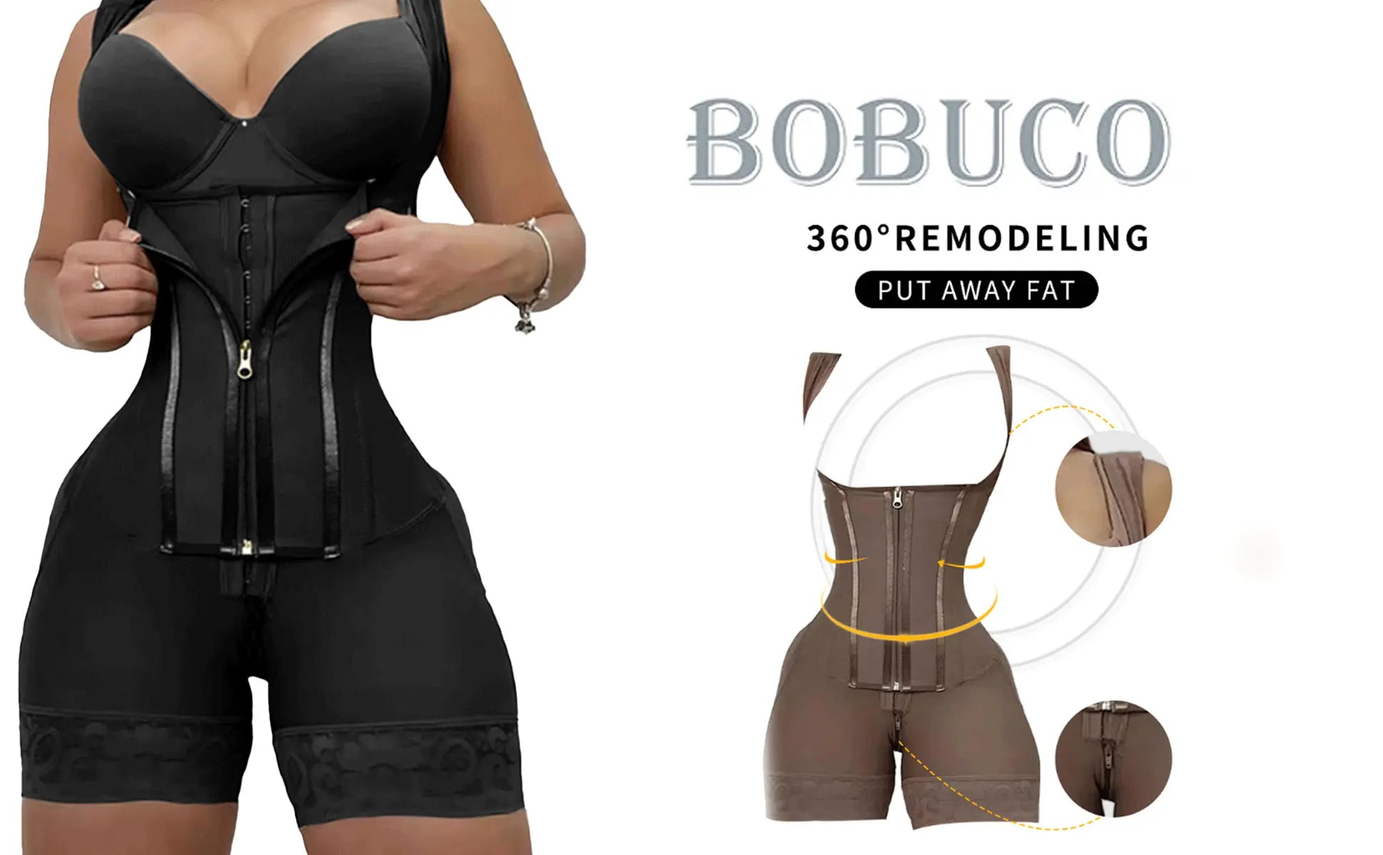 Women's High-Waisted Lace Shapewear Bodysuit - Non-Padded, Full-Coverage, Zipper Closure, Nylon Knit Fabric with Elegant Contras