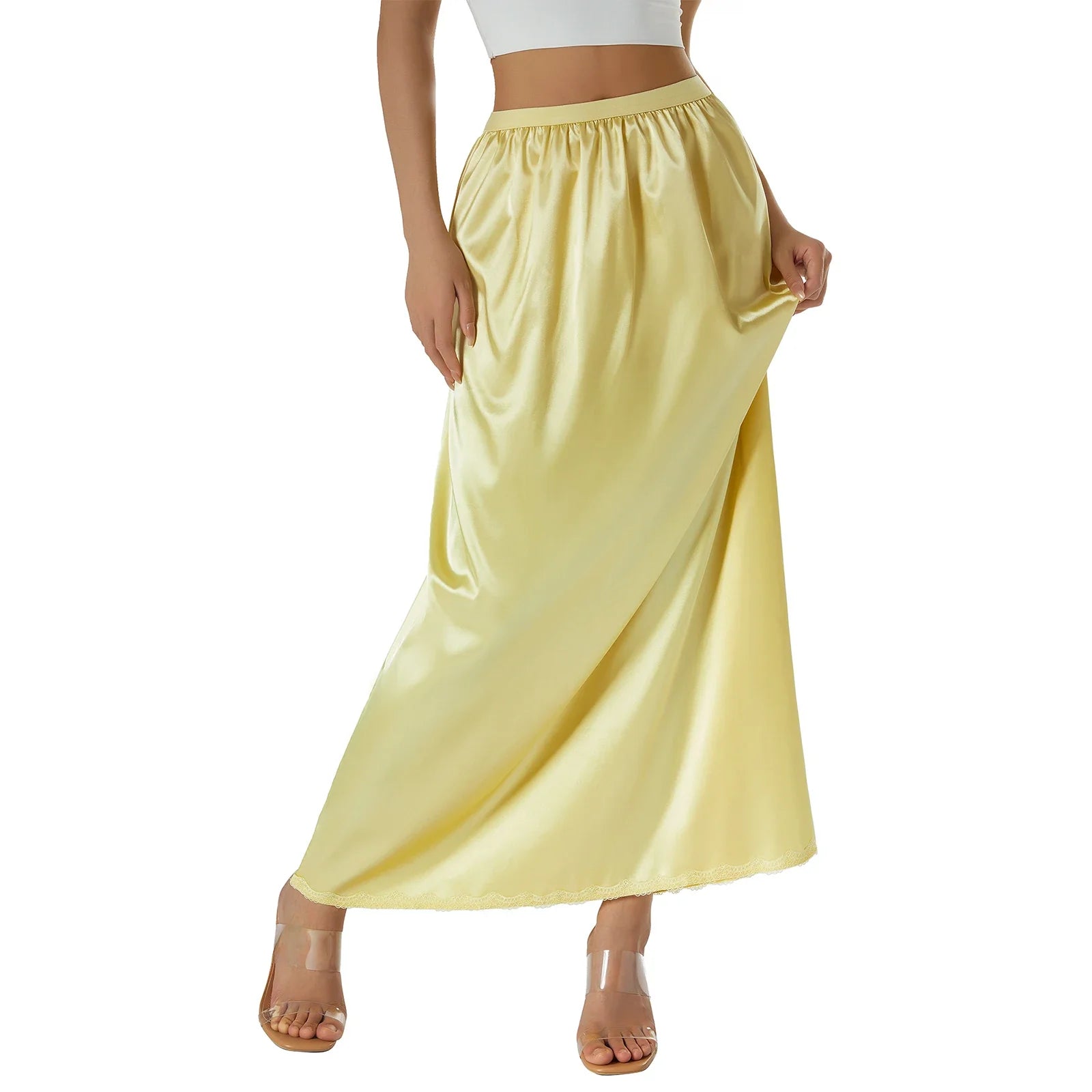 Women's Solid Color Skirts Elastic Waist Satin Underskirt Lace Trim Skirt for Under Dresses Black/White