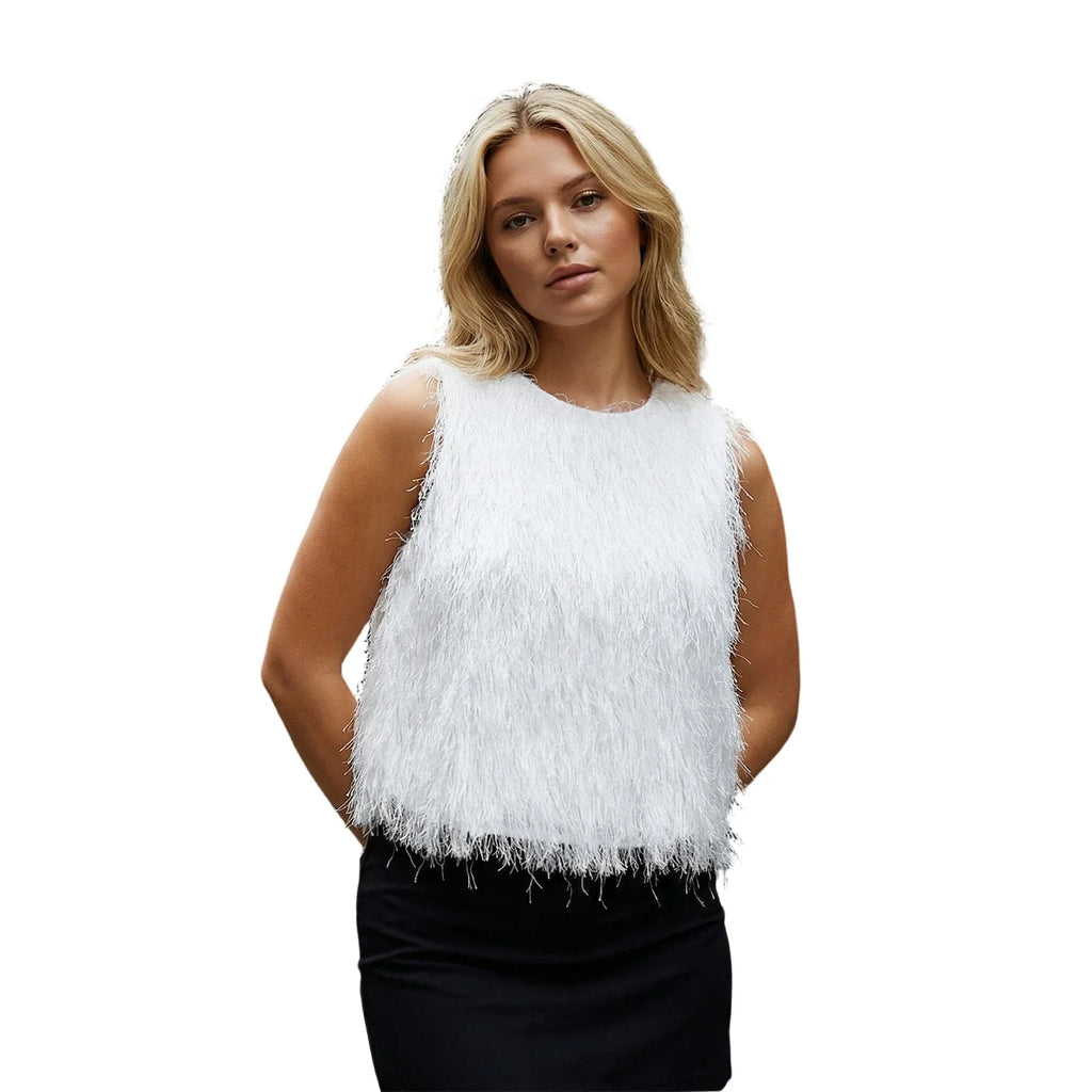 Women's 2026 Trendy White Fluffy Fur Sleeveless Cropped Top Soft Fuzzy Blouse Casual Party Daily Streetwear Fashion Top