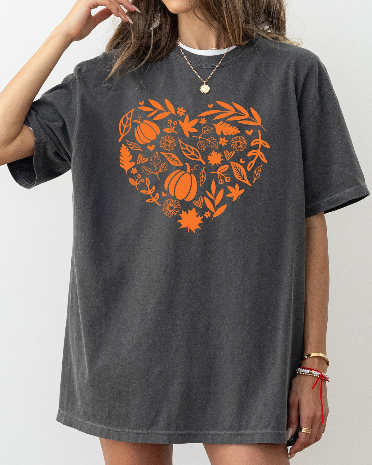 Autumn Heart Design Pumpkins Flowers Leaves Fall Thanksgiving Halloween Comfort Colors Tee