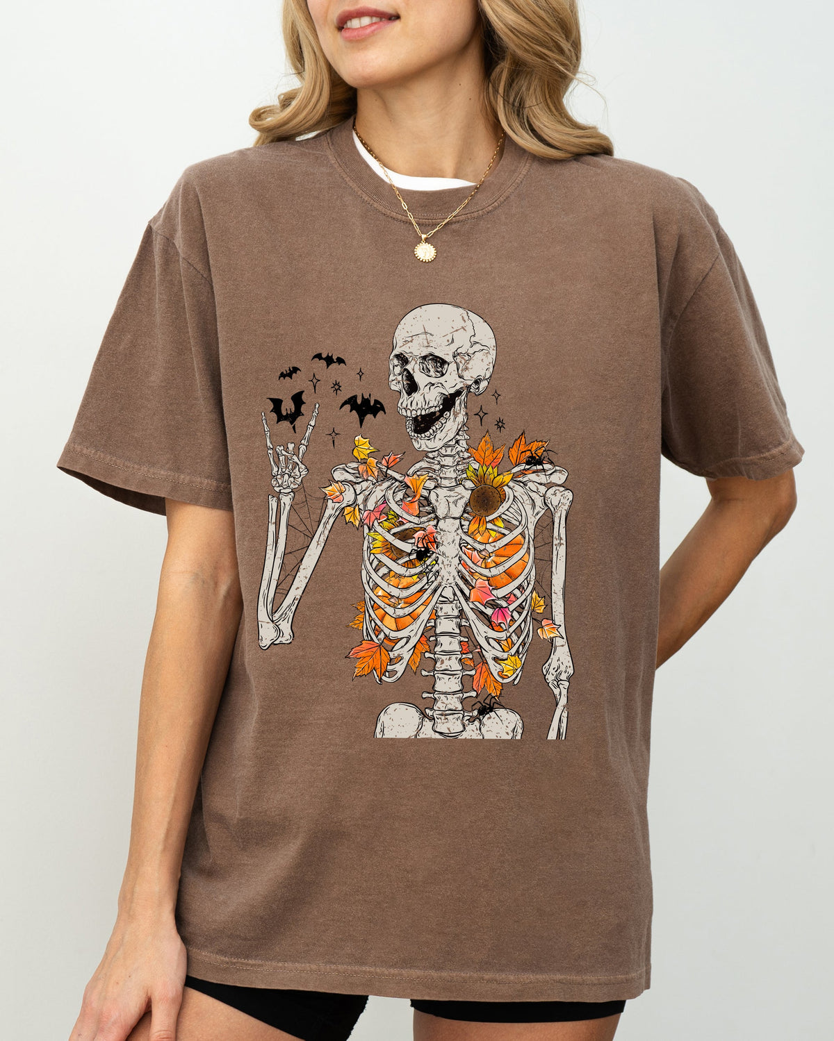 Autumn Skeleton Funny Bats Halloween Fall Night Sky Spooky Vintage Aesthetic Comfort Colors Tee