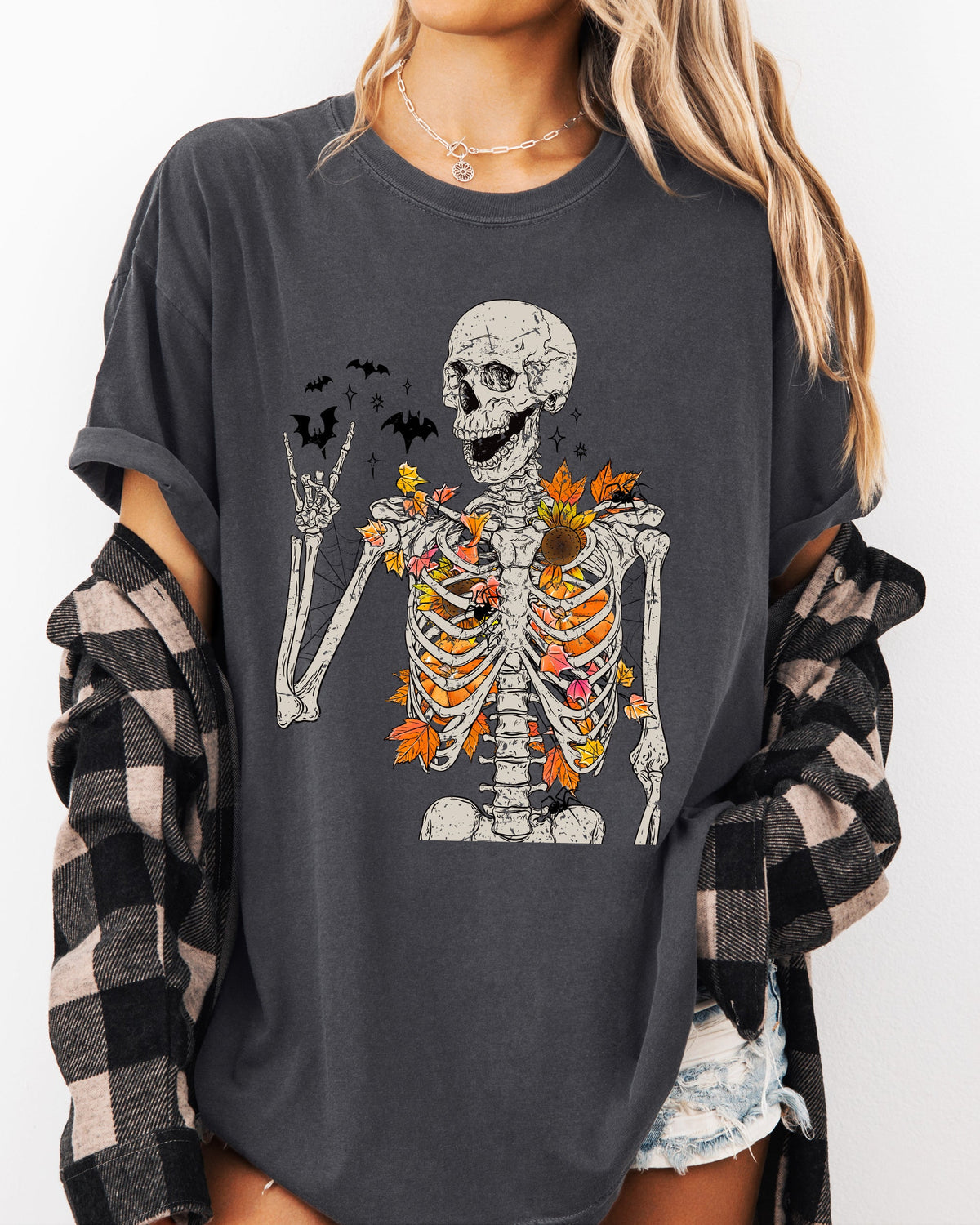 Autumn Skeleton Funny Bats Halloween Fall Night Sky Spooky Vintage Aesthetic Comfort Colors Tee
