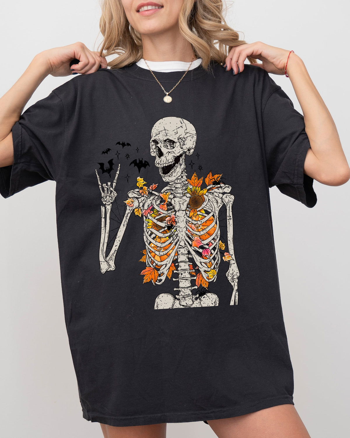 Autumn Skeleton Funny Bats Halloween Fall Night Sky Spooky Vintage Aesthetic Comfort Colors Tee