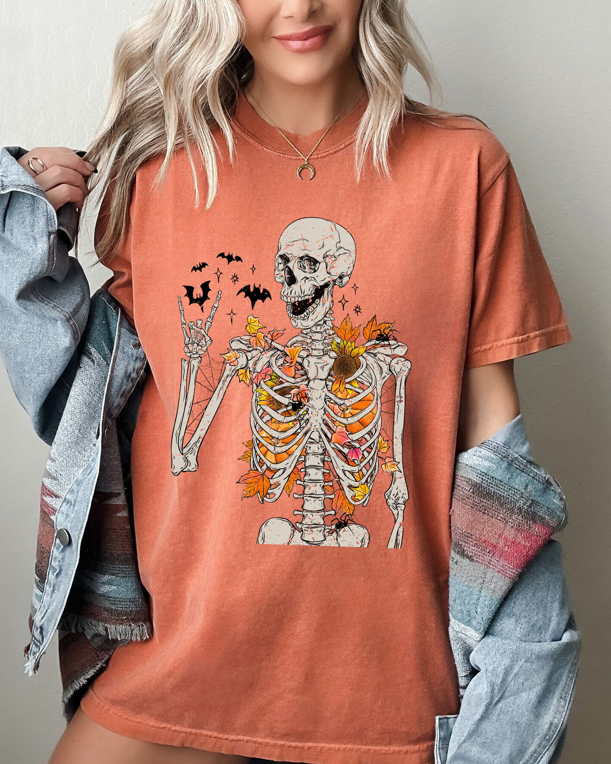 Autumn Skeleton Funny Bats Halloween Fall Night Sky Spooky Vintage Aesthetic Comfort Colors Tee