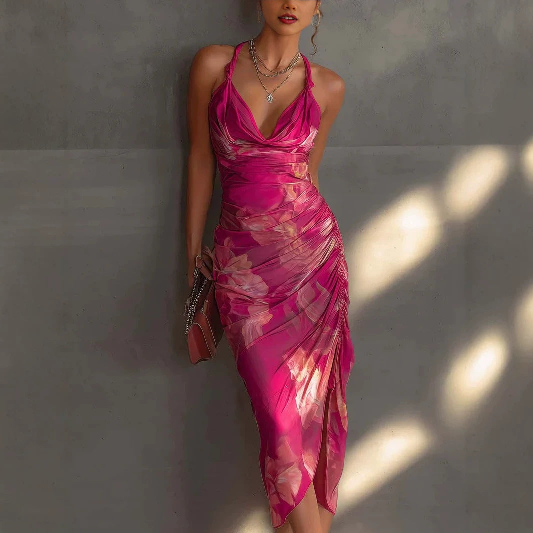 Carmine Red Backless Halter Maxi Dress – Printed High-Slit Slim-Fit Long Dress for Women