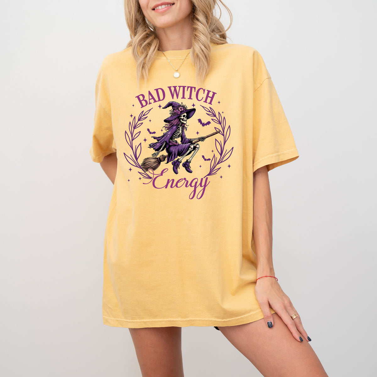 Bad Witch Energy Halloween Broom Skeleton Spooky Vintage Vibe Graphic Comfort Colors Tee