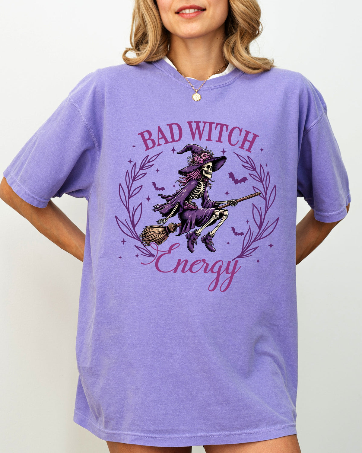 Bad Witch Energy Halloween Broom Skeleton Spooky Vintage Vibe Graphic Comfort Colors Tee