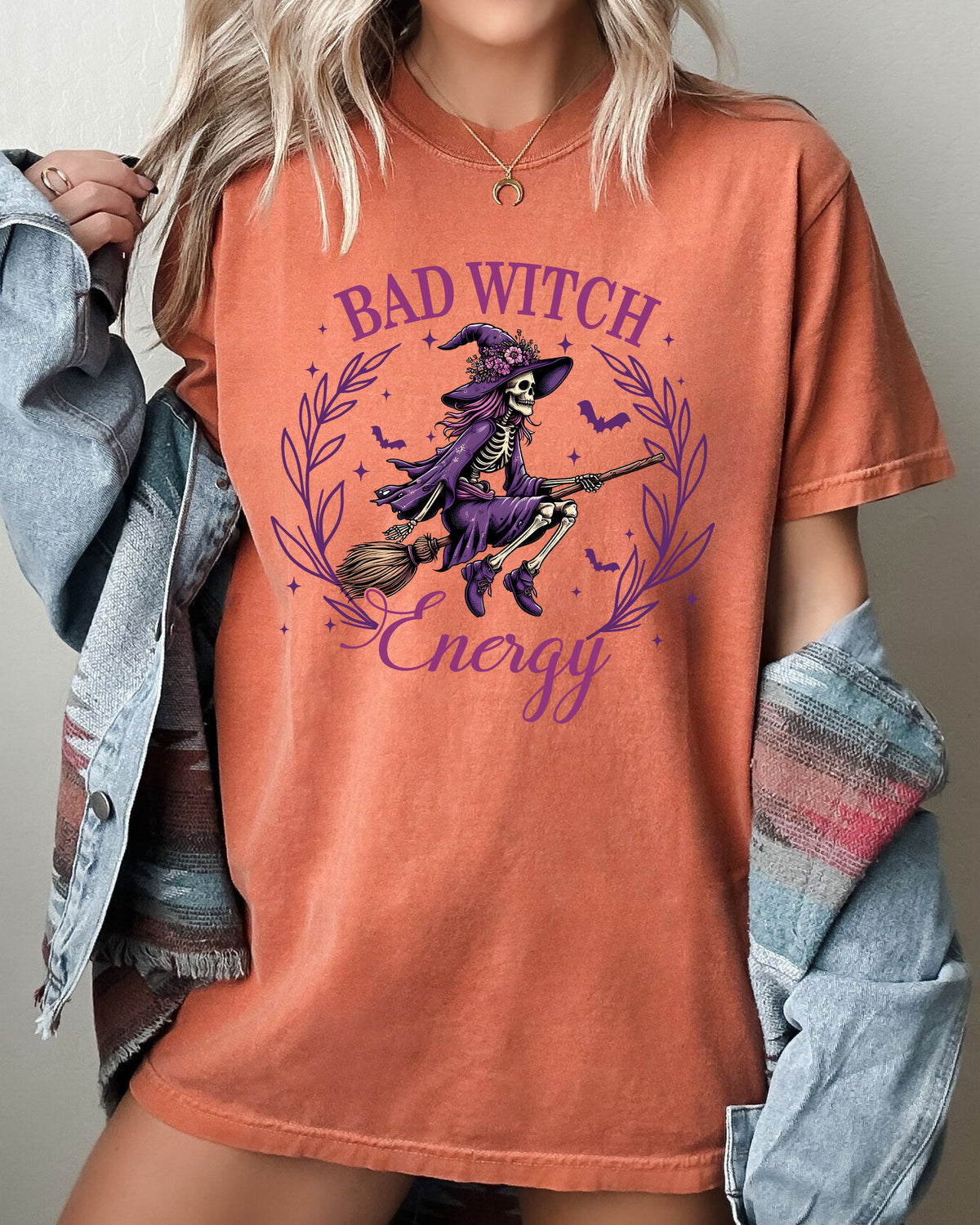 Bad Witch Energy Halloween Broom Skeleton Spooky Vintage Vibe Graphic Comfort Colors Tee