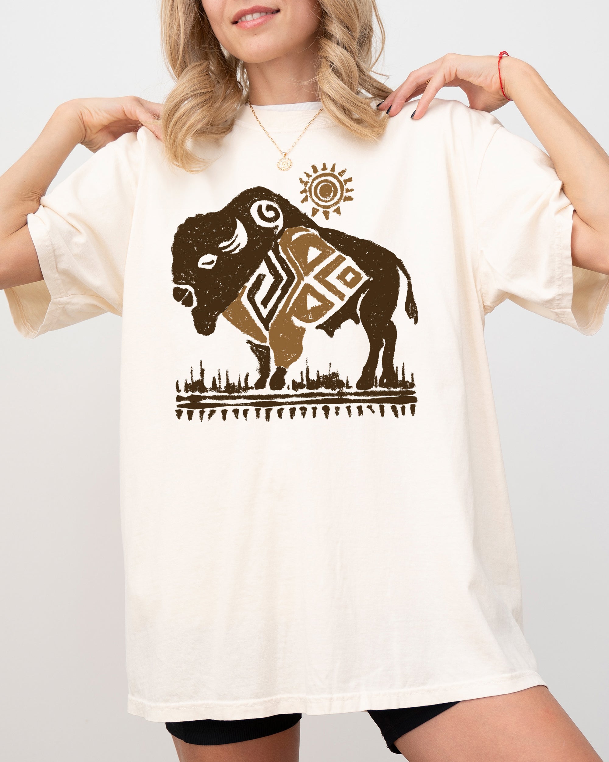 Bison Western Buffalo Sun Cowboy Nature Tribal Print Desert Scene Comfort Colors Tee