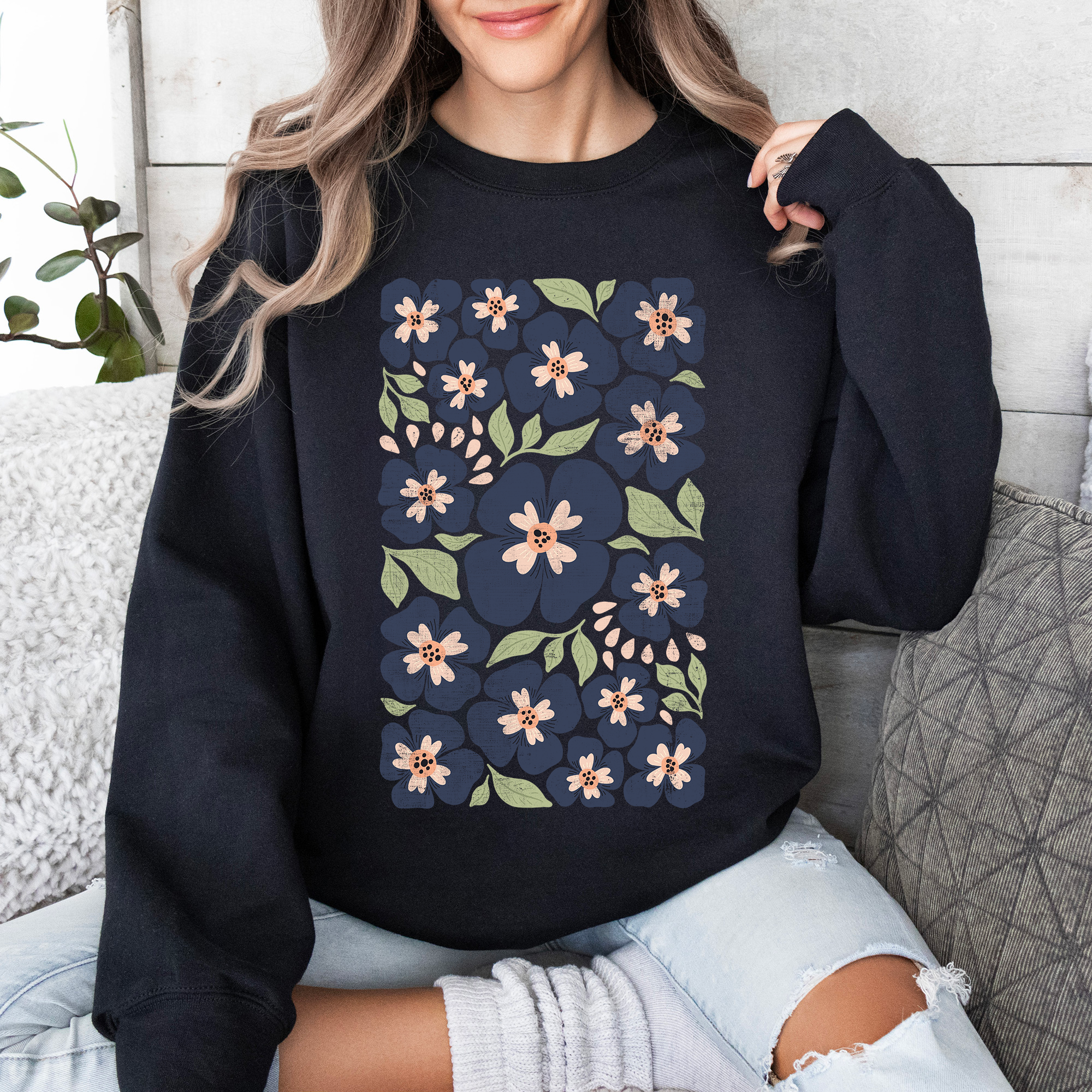 Blue Wildflower Allover Floral Vintage Boho Nature Inspired Autumn Palette Sweatshirt
