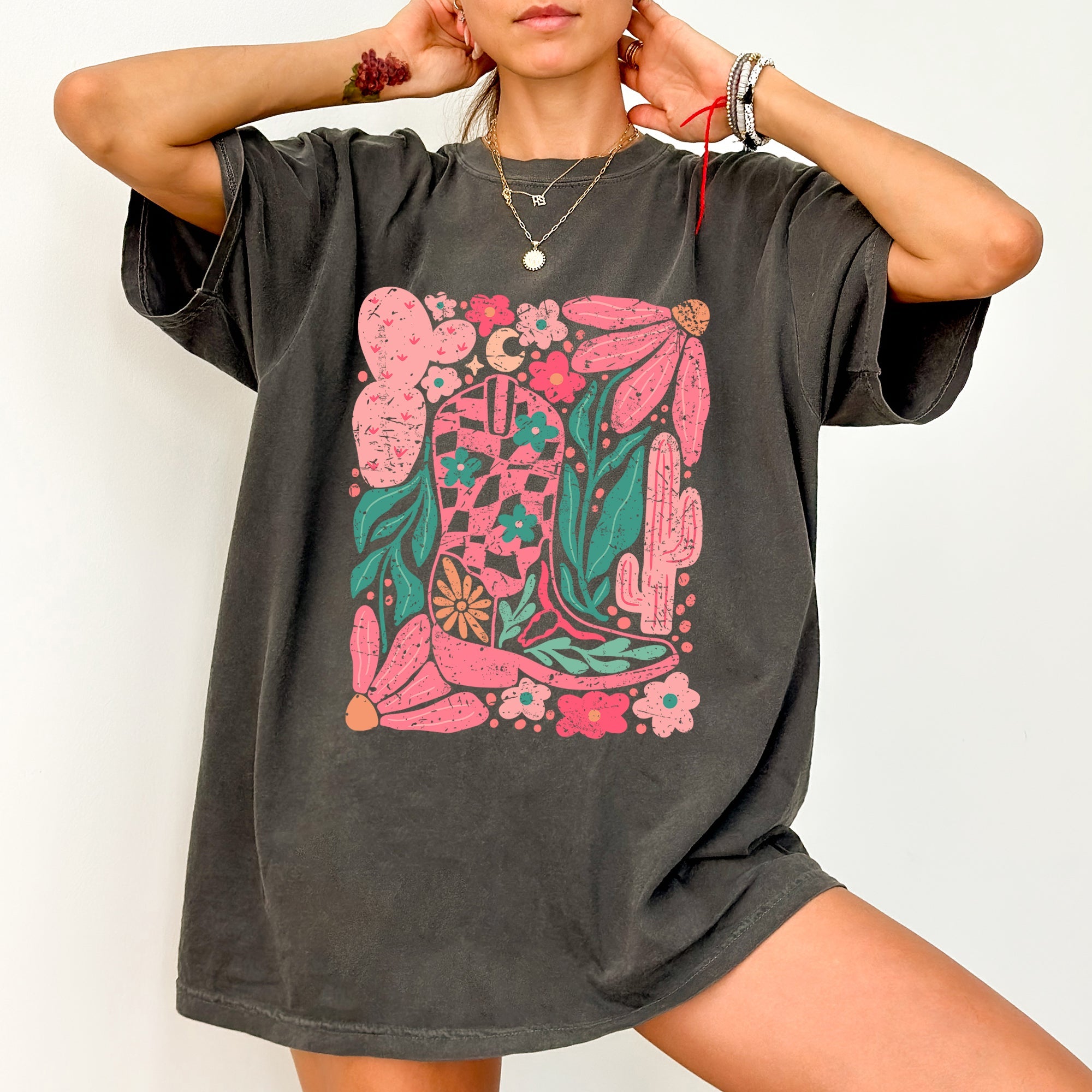 Boho Floral Cowboy Boots Colorful Summer Western Country Floral Edition Comfort Colors Tee