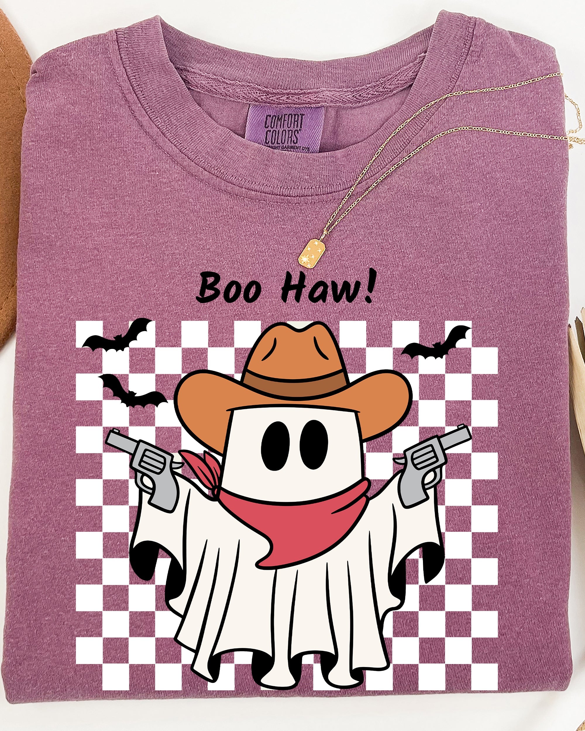 Boo Haw Cowboy Ghost Checkered Western Halloween Vintage Spirit Comfort Colors Tee
