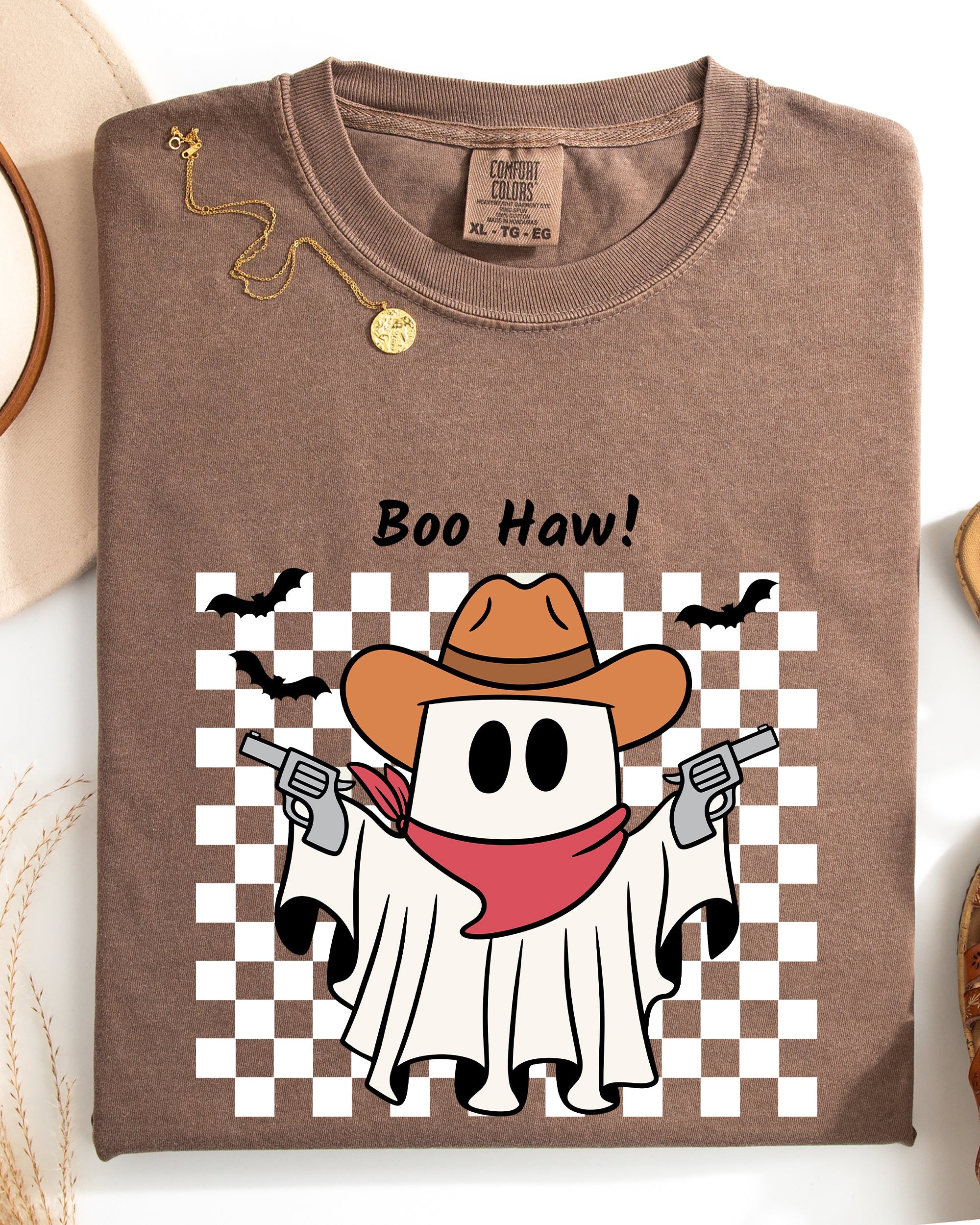 Boo Haw Cowboy Ghost Checkered Western Halloween Vintage Spirit Comfort Colors Tee