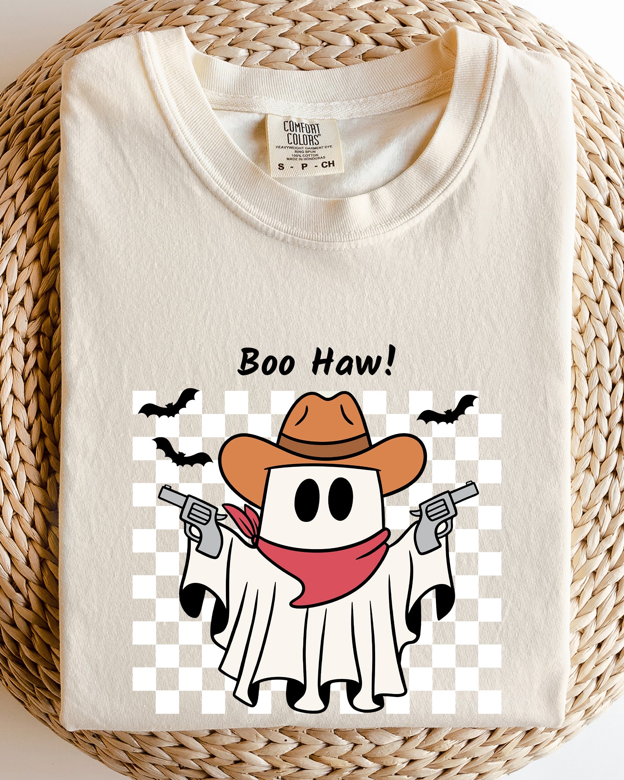 Boo Haw Cowboy Ghost Checkered Western Halloween Vintage Spirit Comfort Colors Tee