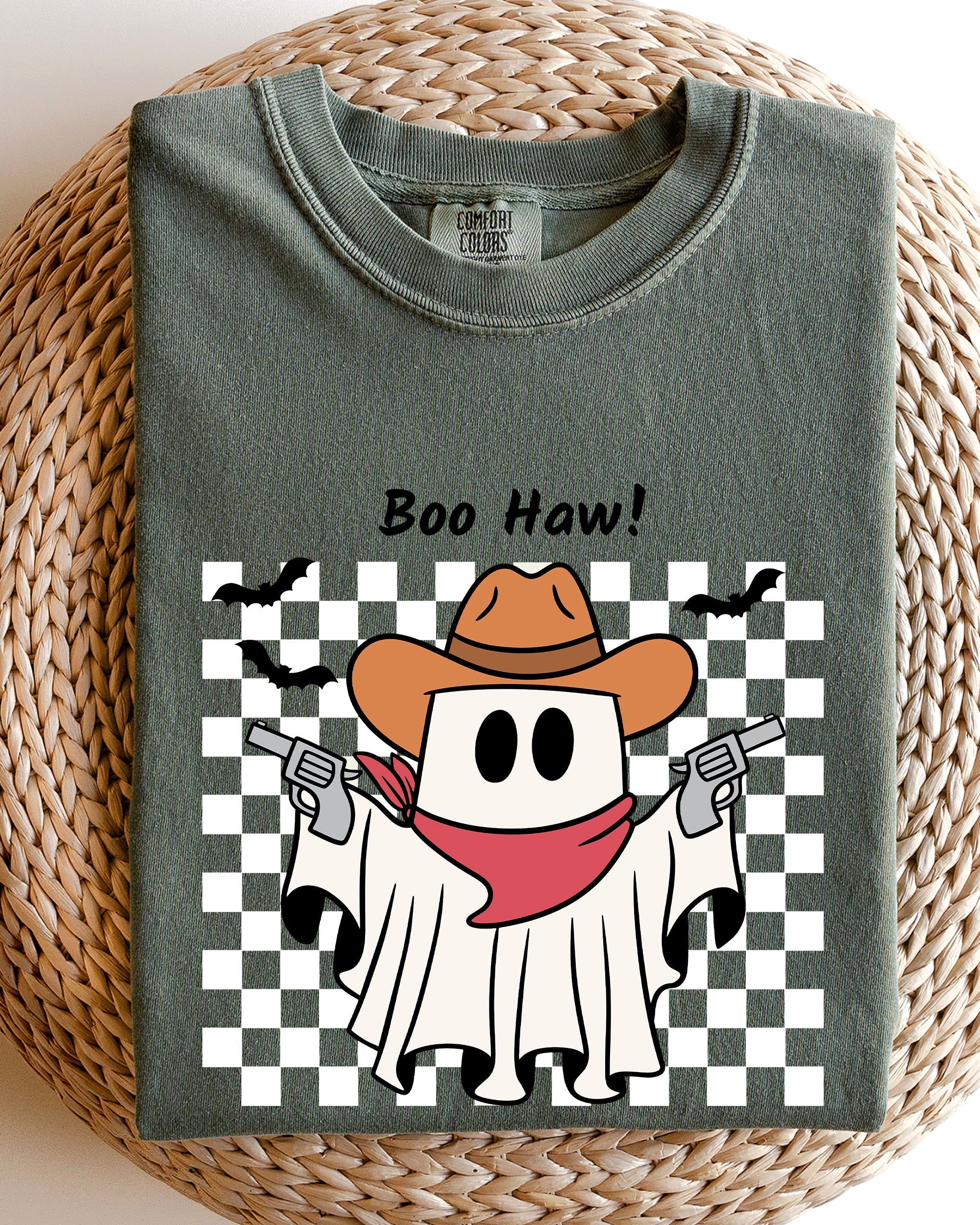 Boo Haw Cowboy Ghost Checkered Western Halloween Vintage Spirit Comfort Colors Tee