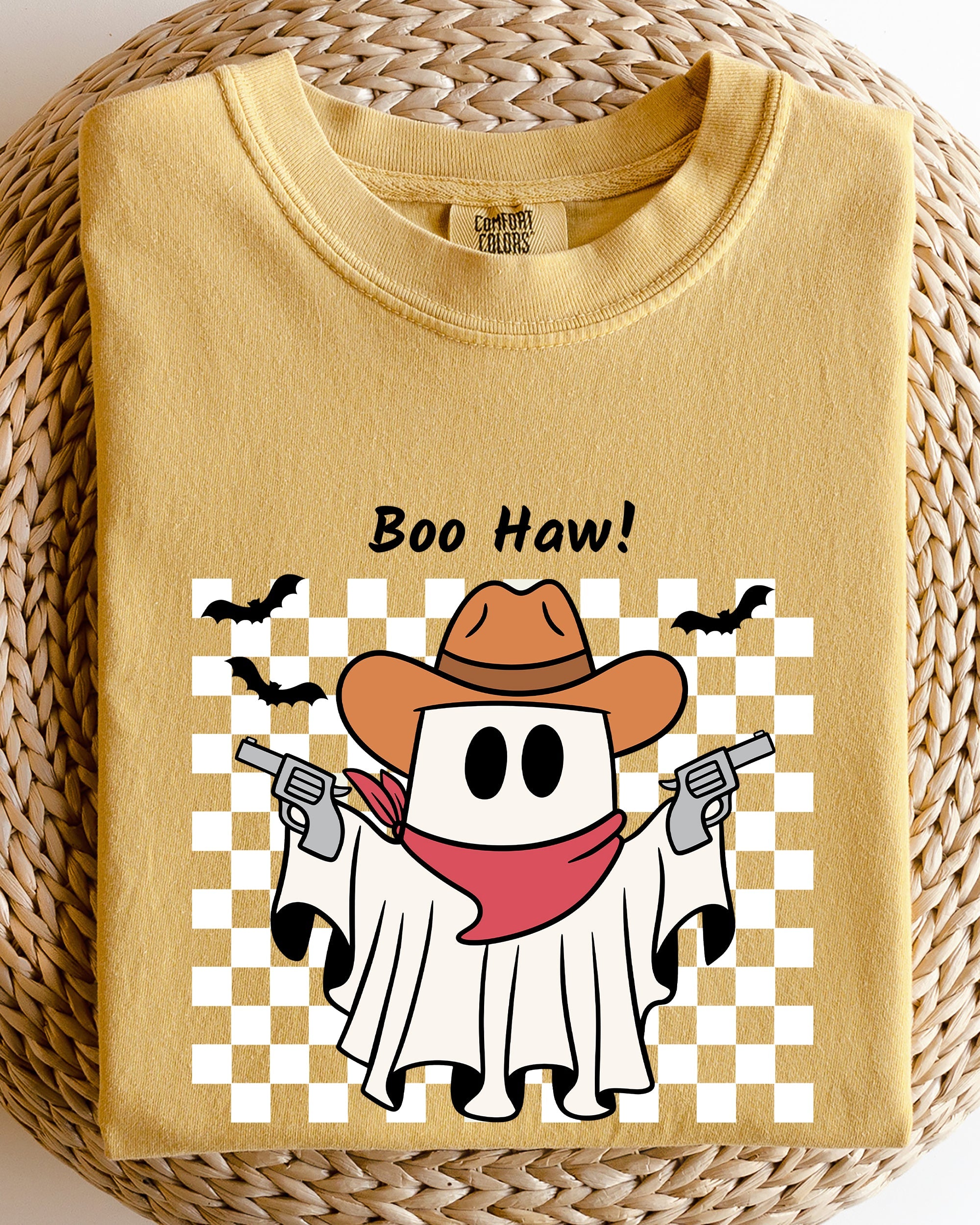 Boo Haw Cowboy Ghost Checkered Western Halloween Vintage Spirit Comfort Colors Tee