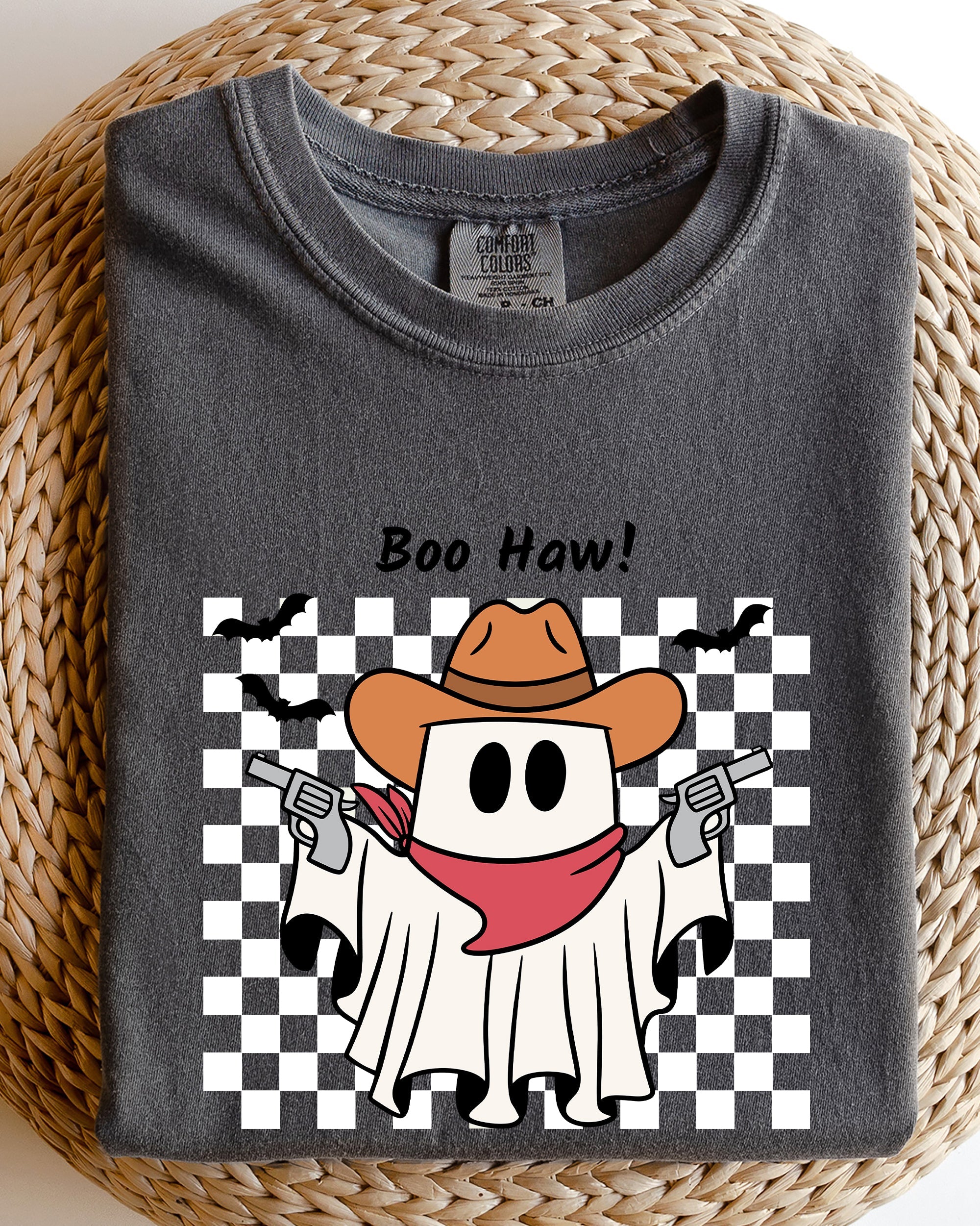 Boo Haw Cowboy Ghost Checkered Western Halloween Vintage Spirit Comfort Colors Tee