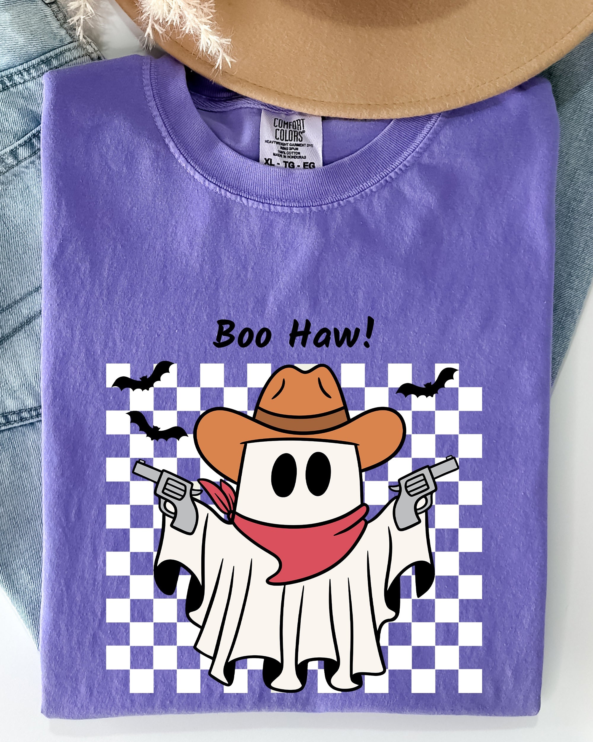 Boo Haw Cowboy Ghost Checkered Western Halloween Vintage Spirit Comfort Colors Tee