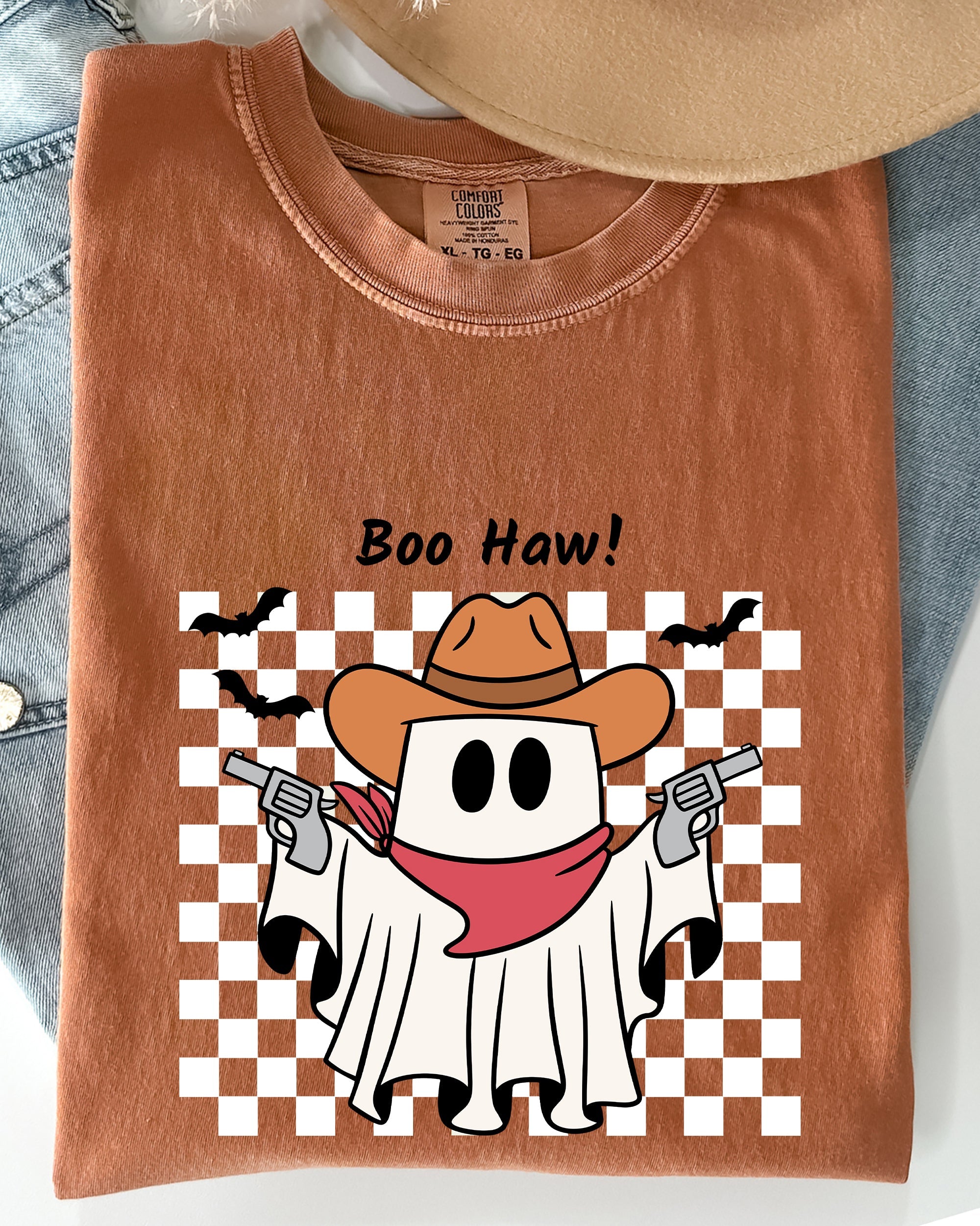 Boo Haw Cowboy Ghost Checkered Western Halloween Vintage Spirit Comfort Colors Tee