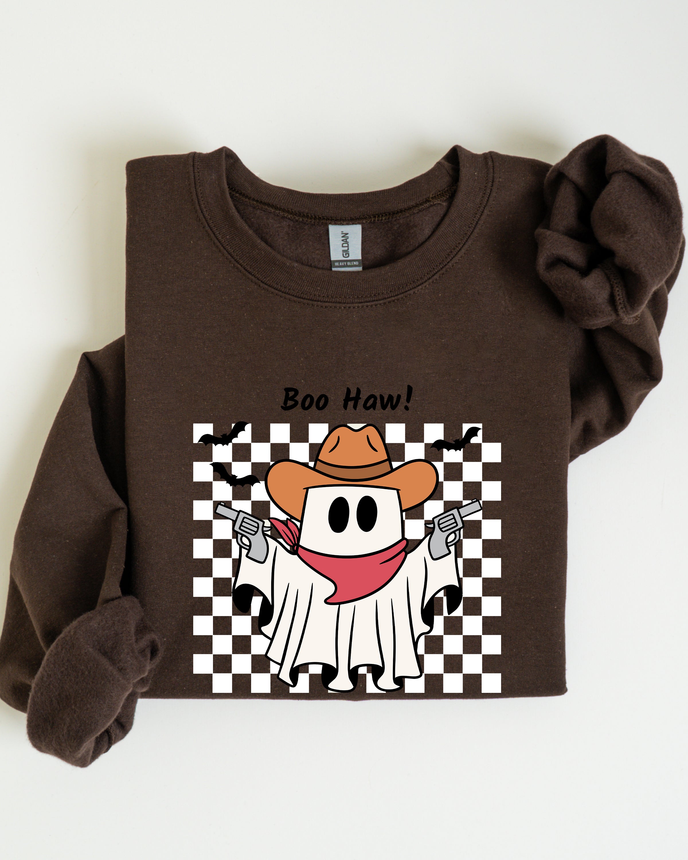 Boo Haw Cowboy Ghost Checkered Western Halloween Edition Premium Graphic Sweatshirt