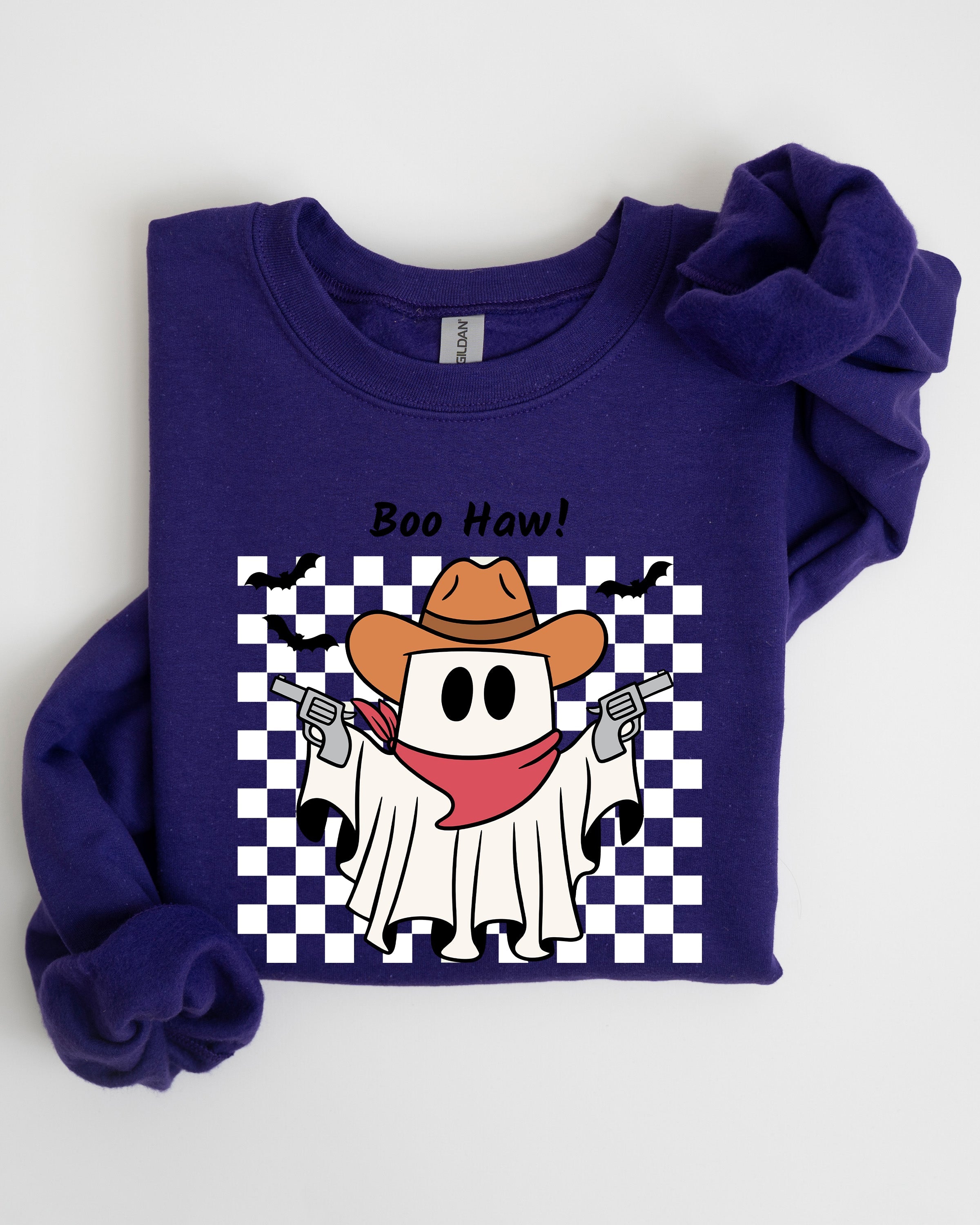 Boo Haw Cowboy Ghost Checkered Western Halloween Edition Premium Graphic Sweatshirt