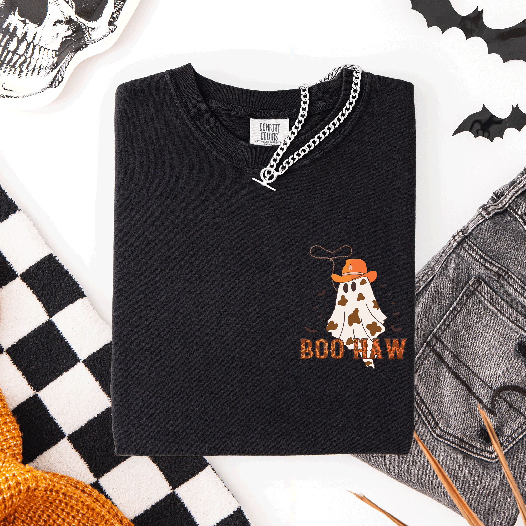 Boo Haw Cowboy Western Halloween Pocket Ghost Town Rodeo Saloon Scene Evening Sunset Comfort Colors Tee